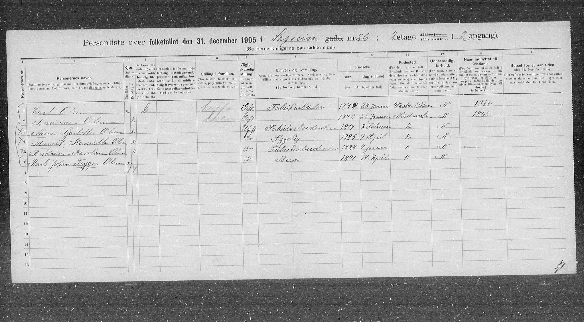 OBA, Municipal Census 1905 for Kristiania, 1905, p. 45568