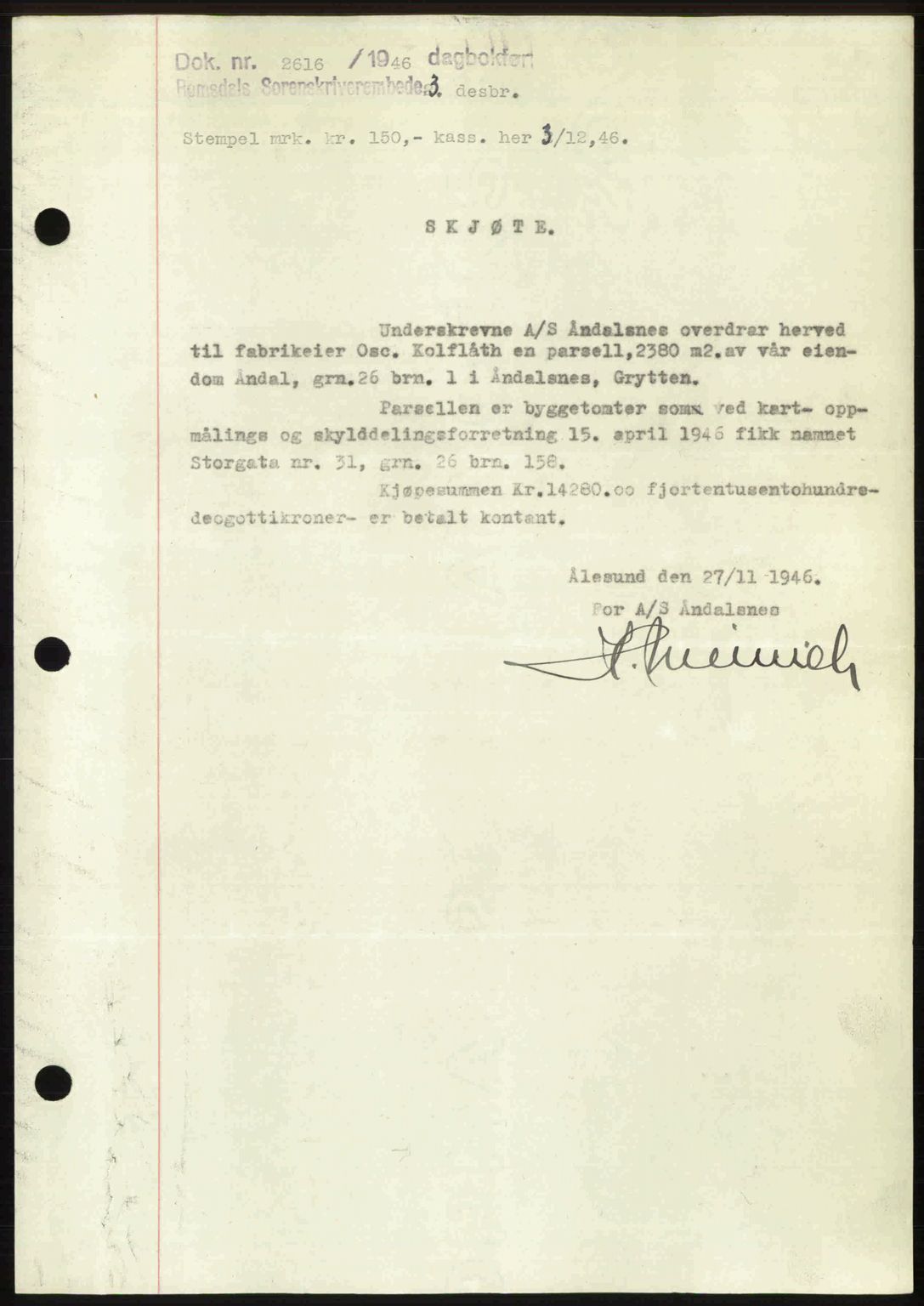 Romsdal sorenskriveri, AV/SAT-A-4149/1/2/2C: Mortgage book no. A21, 1946-1946, Diary no: : 2616/1946