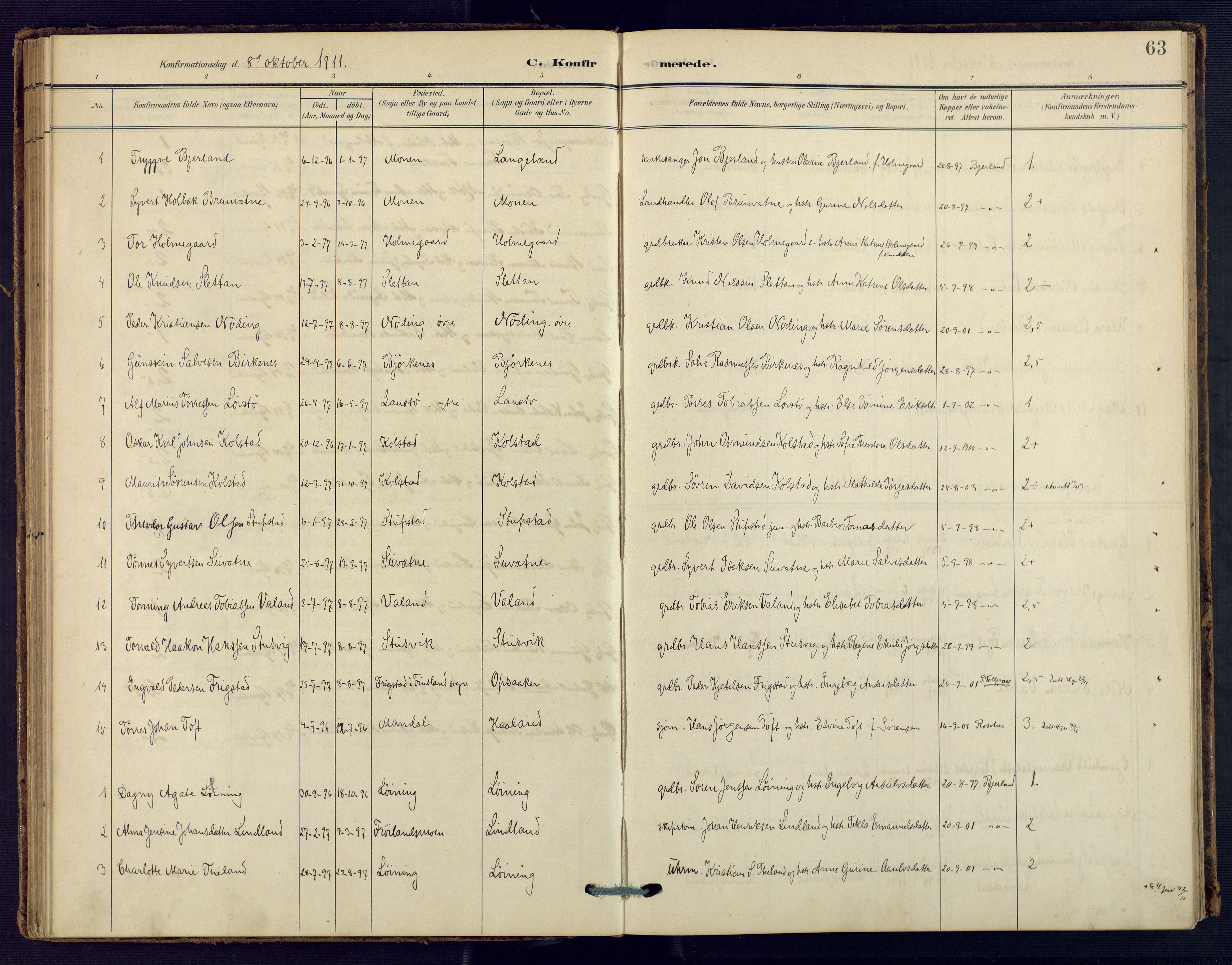 Holum sokneprestkontor, AV/SAK-1111-0022/F/Fa/Faa/L0008: Parish register (official) no. A 8, 1908-1929, p. 63