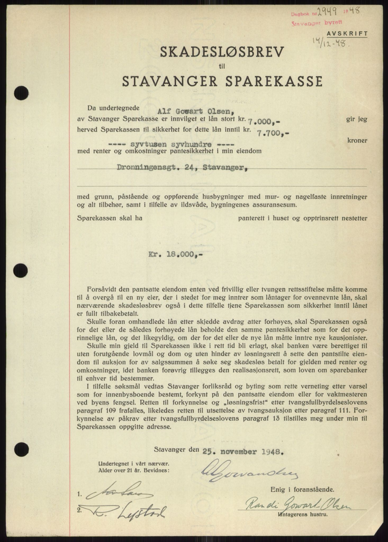 Stavanger byrett, SAST/A-100455/002/G/Gb/L0032: Mortgage book, 1947-1950, Diary no: : 2949/1948