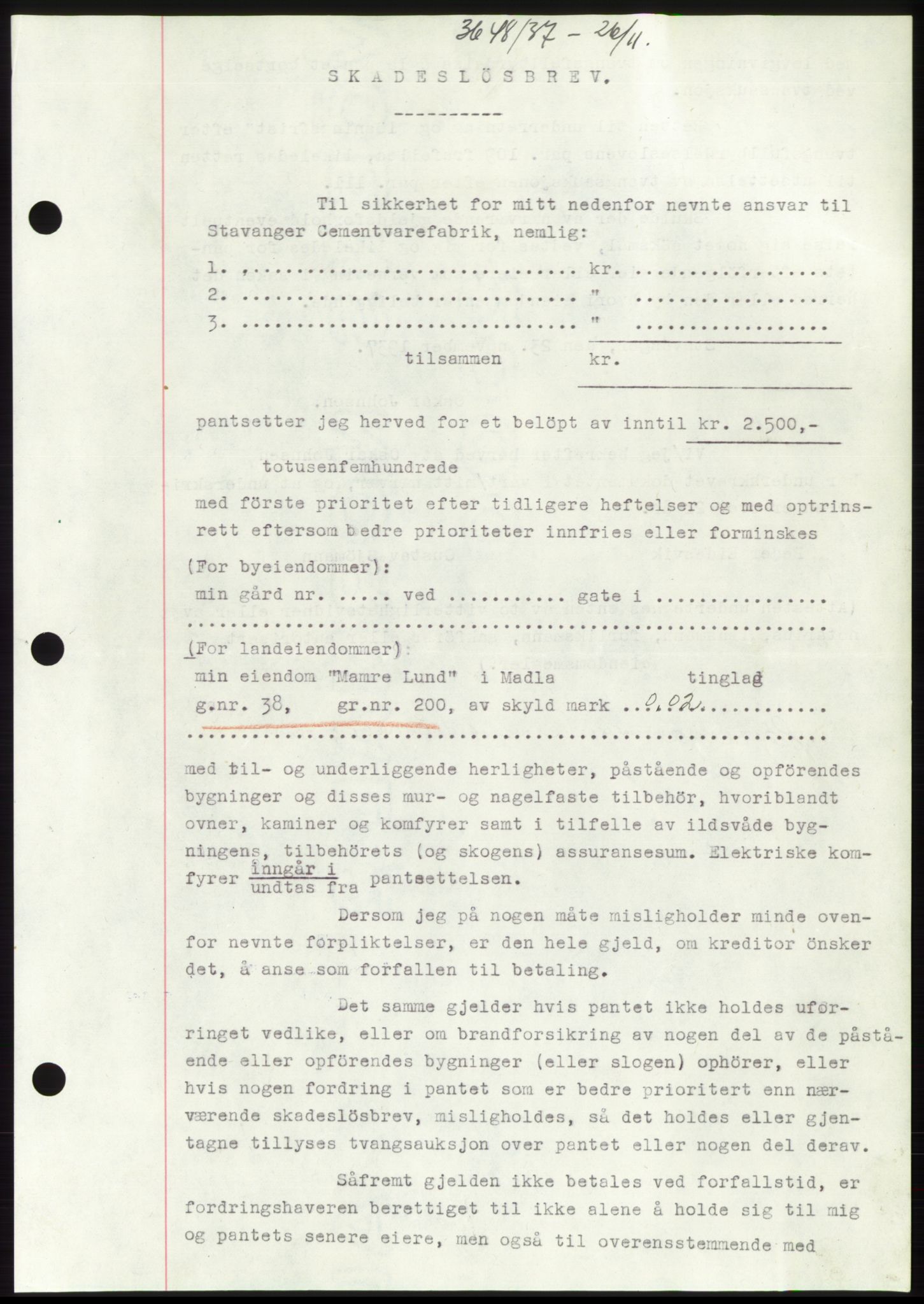 Jæren sorenskriveri, SAST/A-100310/03/G/Gba/L0069: Mortgage book, 1937-1937, Diary no: : 3748/1937