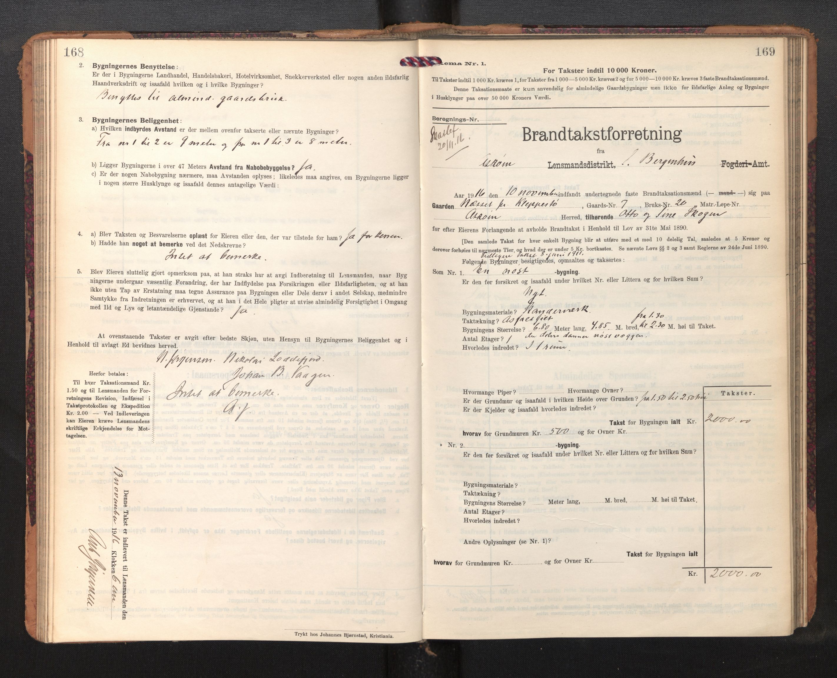 Lensmannen i Askøy, AV/SAB-A-31001/0012/L0007: Branntakstprotokoll, skjematakst, 1910-1919, p. 168-169