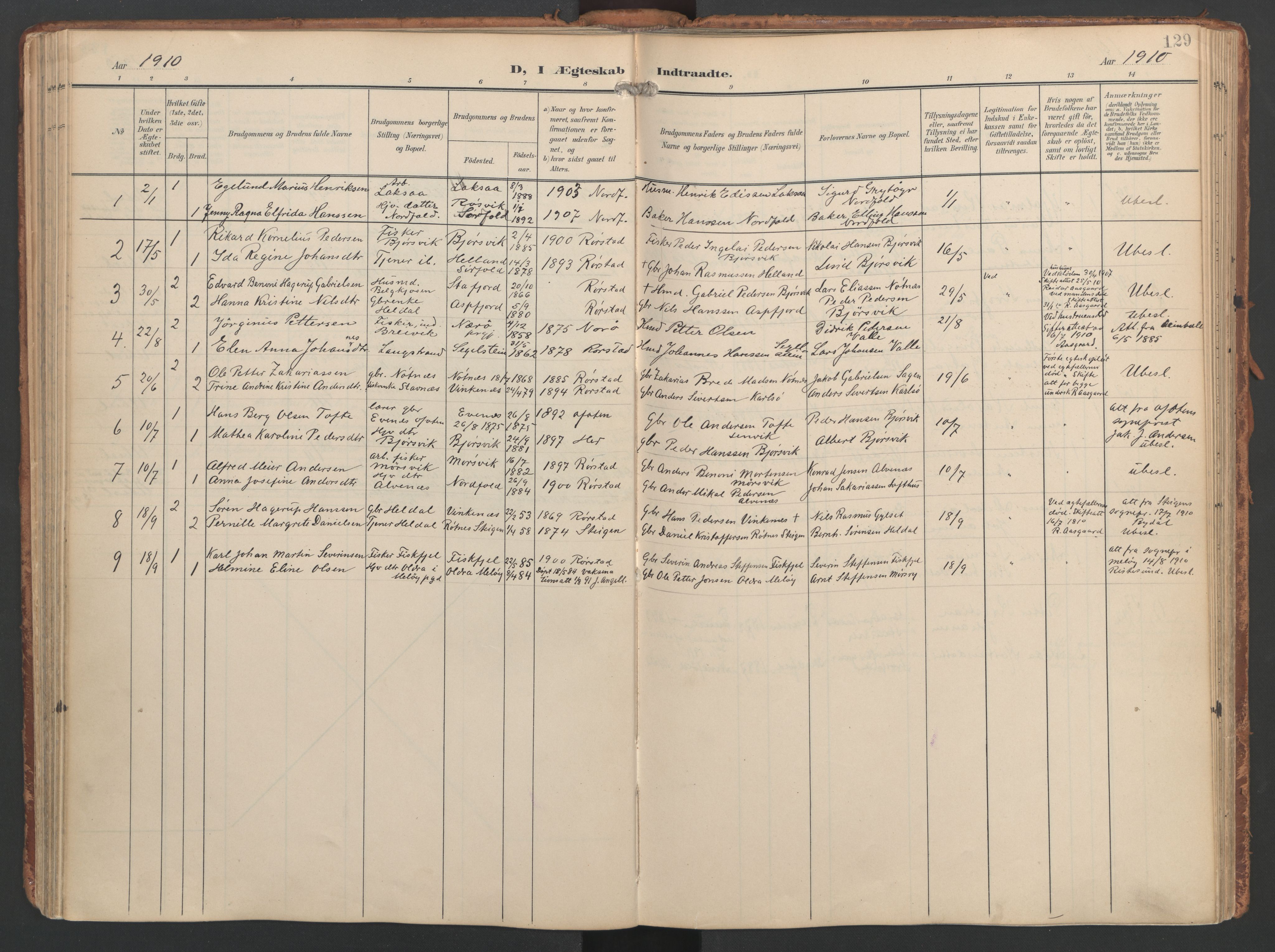 Ministerialprotokoller, klokkerbøker og fødselsregistre - Nordland, AV/SAT-A-1459/858/L0832: Parish register (official) no. 858A02, 1902-1915, p. 129