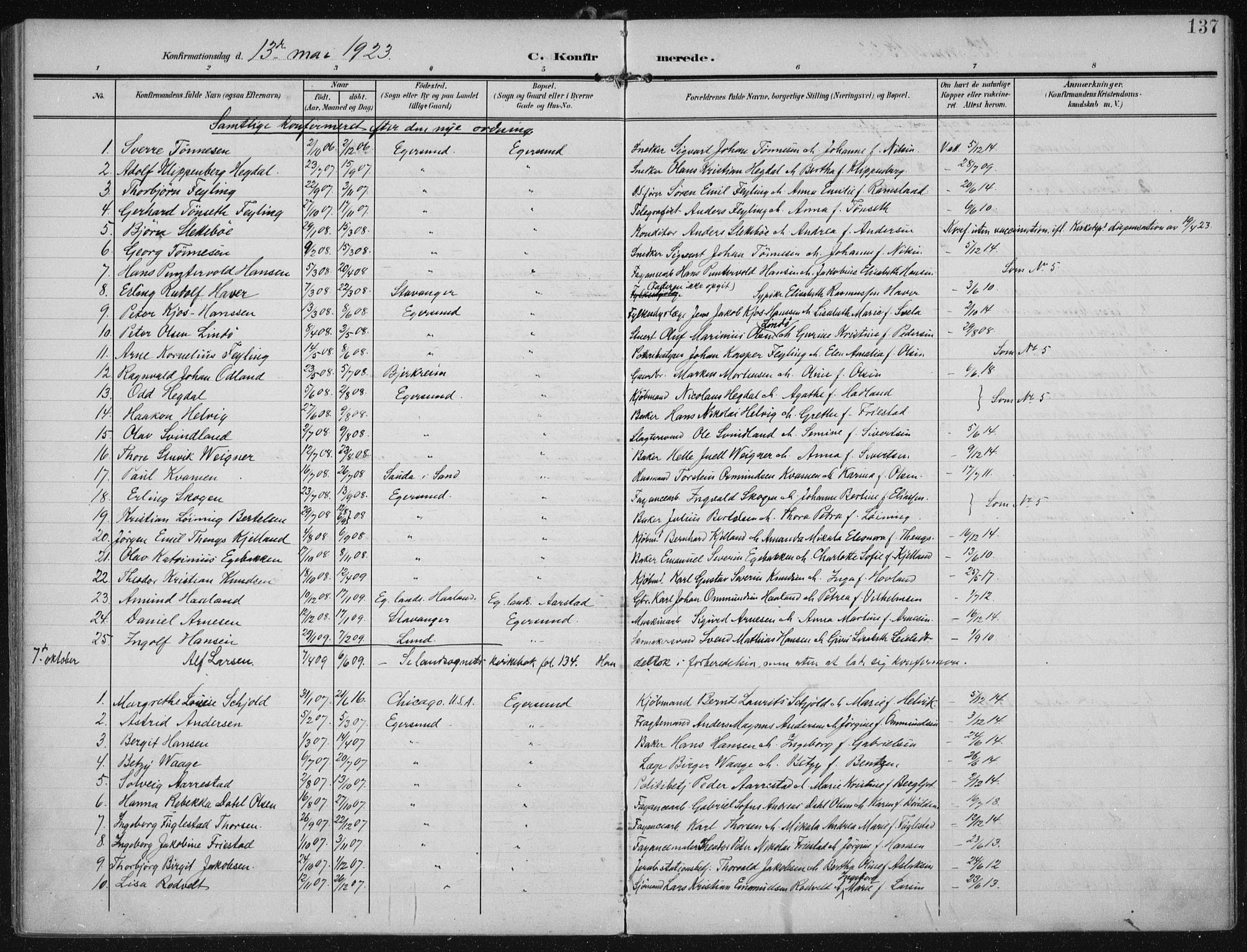 Eigersund sokneprestkontor, AV/SAST-A-101807/S08/L0022: Parish register (official) no. A 21, 1905-1928, p. 137