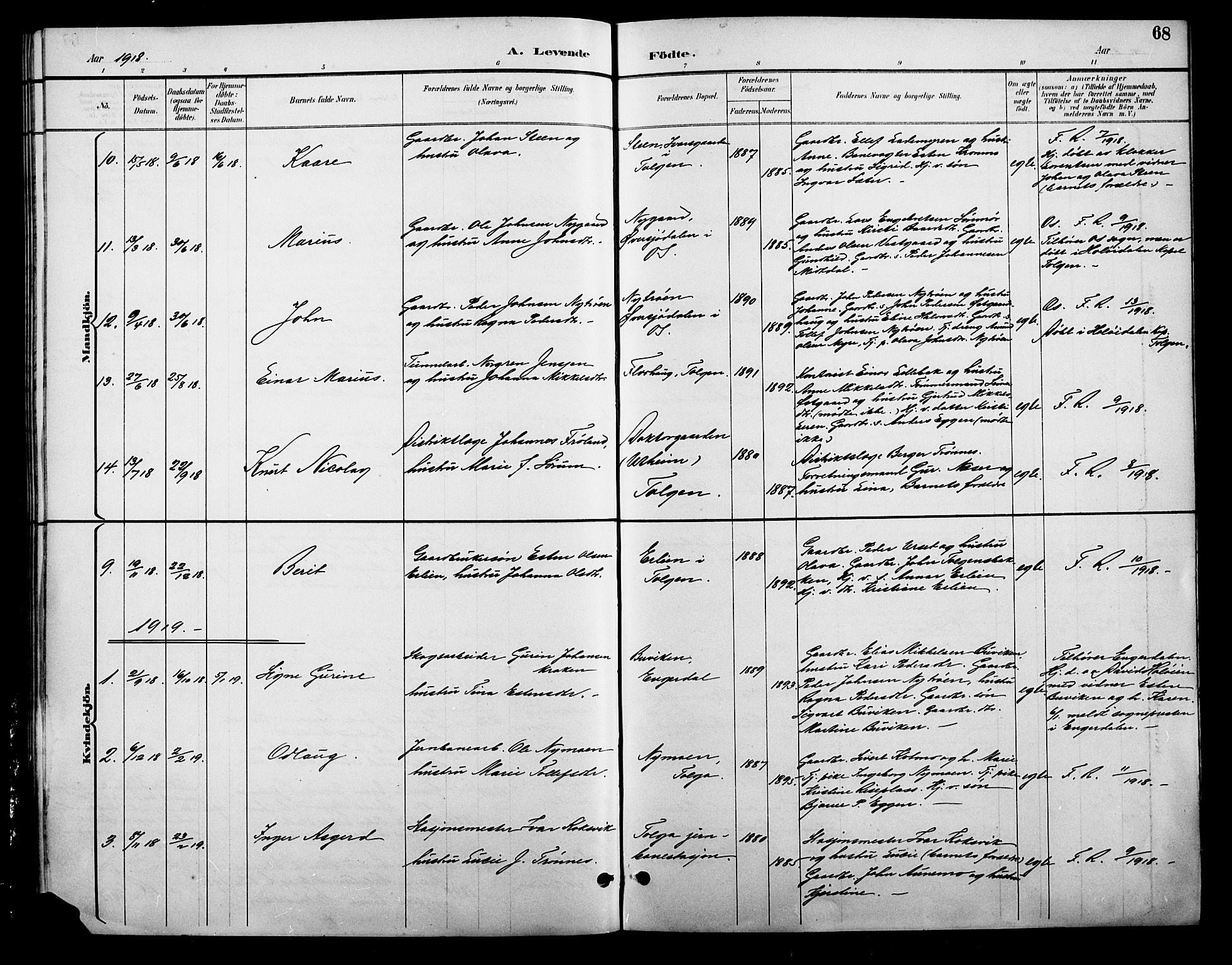 Tolga prestekontor, SAH/PREST-062/L/L0009: Parish register (copy) no. 9, 1892-1919, p. 68