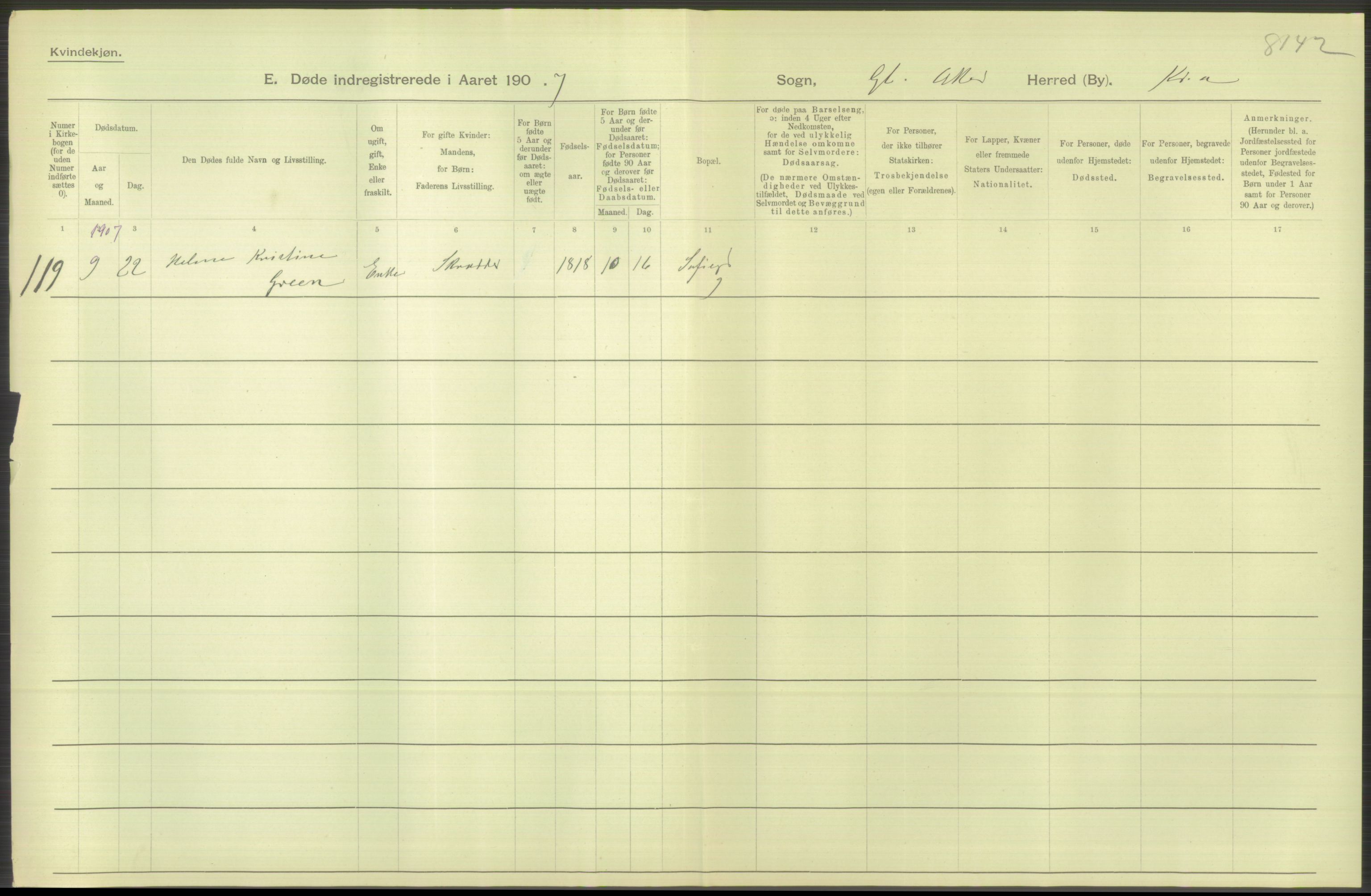 Statistisk sentralbyrå, Sosiodemografiske emner, Befolkning, AV/RA-S-2228/D/Df/Dfa/Dfae/L0009: Kristiania: Døde, 1907, p. 234