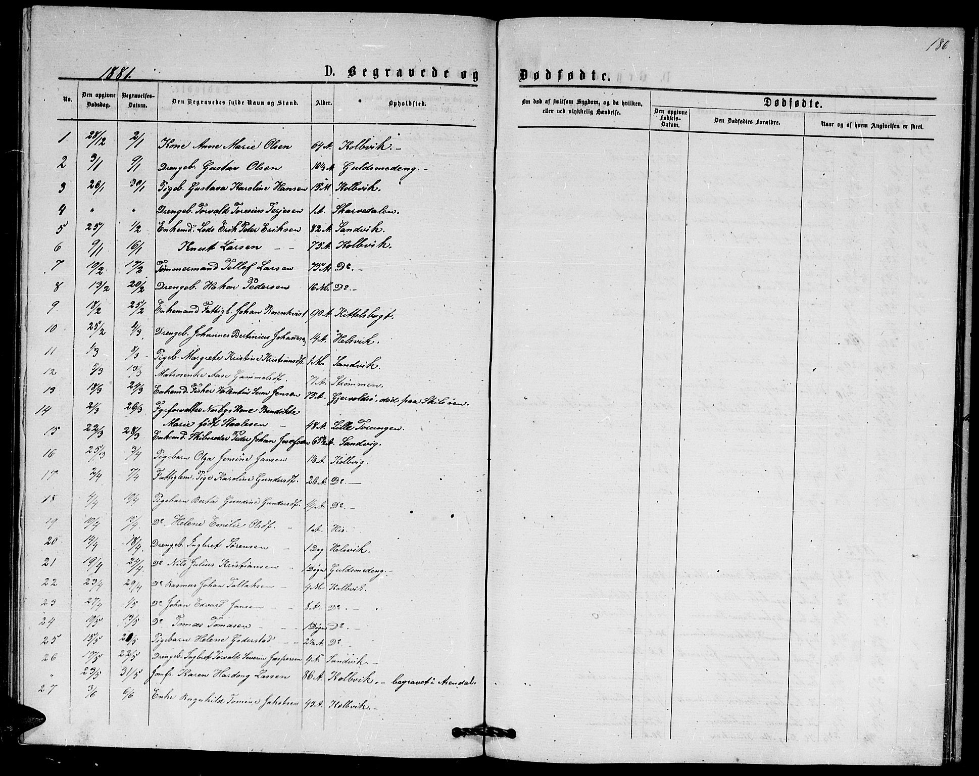 Hisøy sokneprestkontor, SAK/1111-0020/F/Fb/L0002: Parish register (copy) no. B 2, 1873-1885, p. 186
