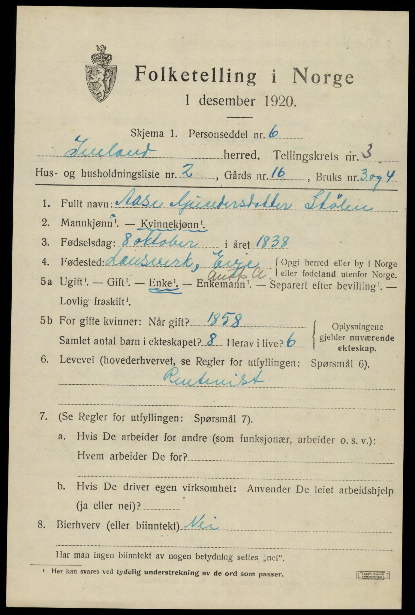 SAK, 1920 census for Iveland, 1920, p. 957