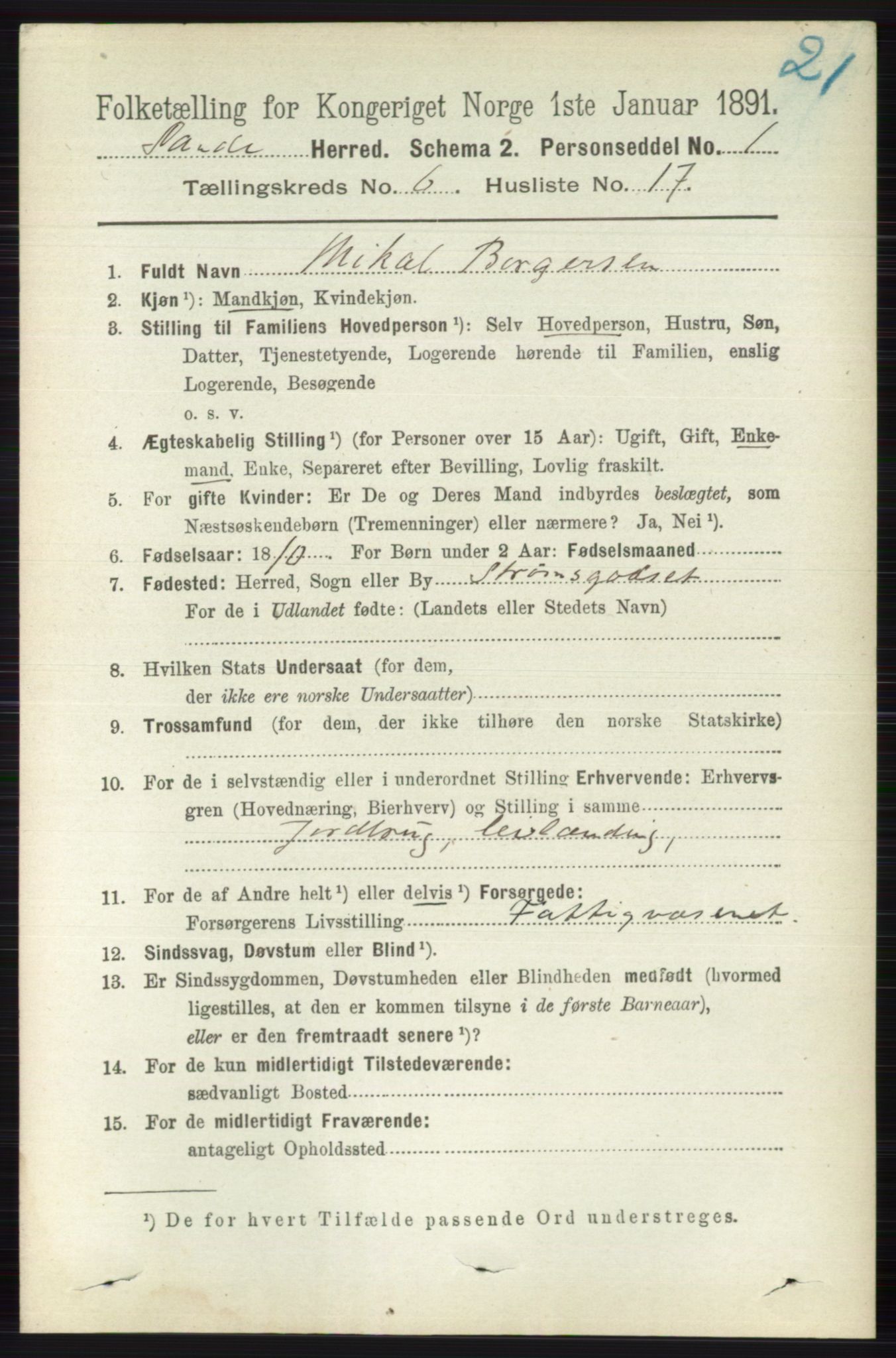 RA, 1891 census for 0713 Sande, 1891, p. 2789