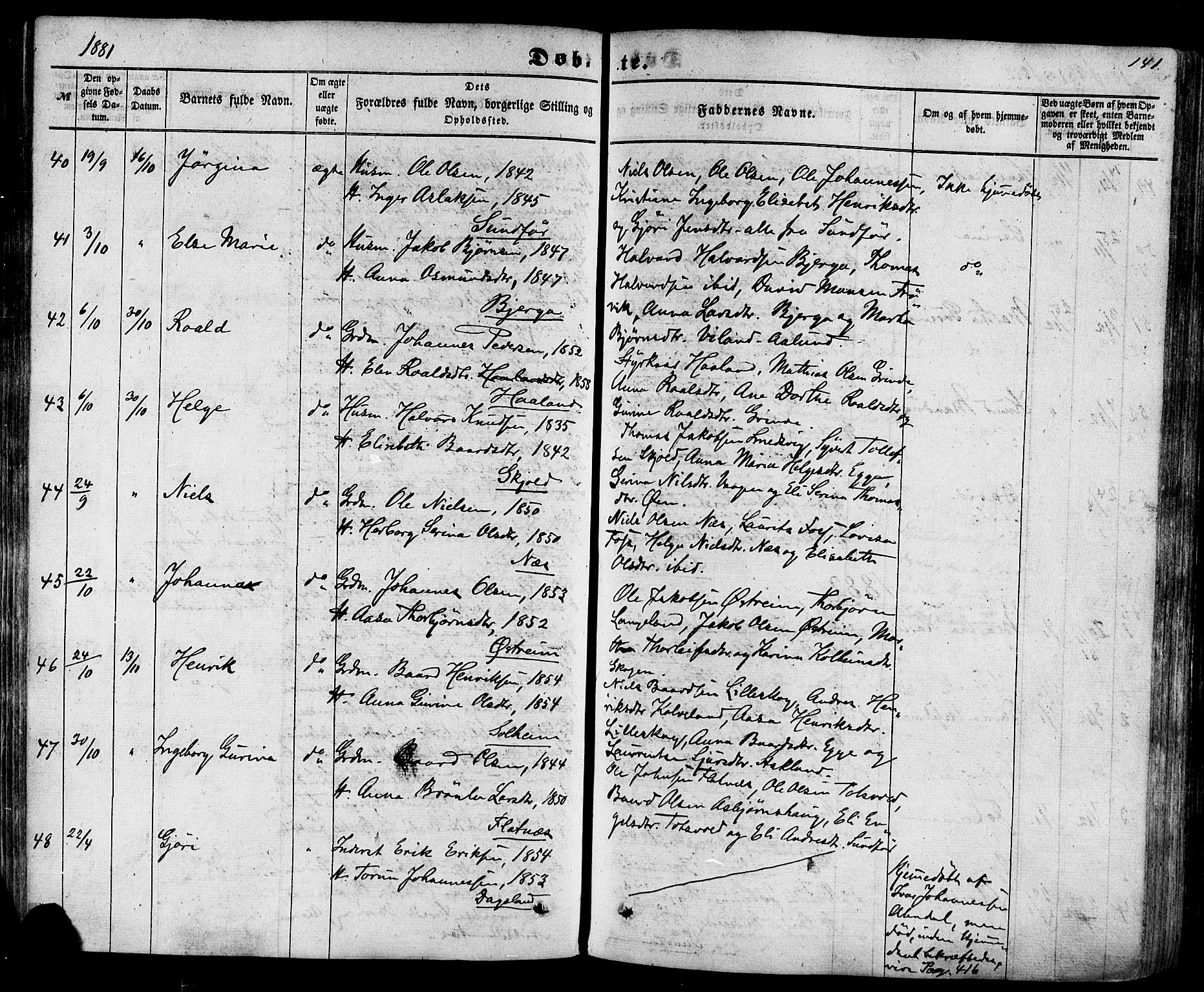 Skjold sokneprestkontor, AV/SAST-A-101847/H/Ha/Haa/L0008: Parish register (official) no. A 8, 1856-1882, p. 141