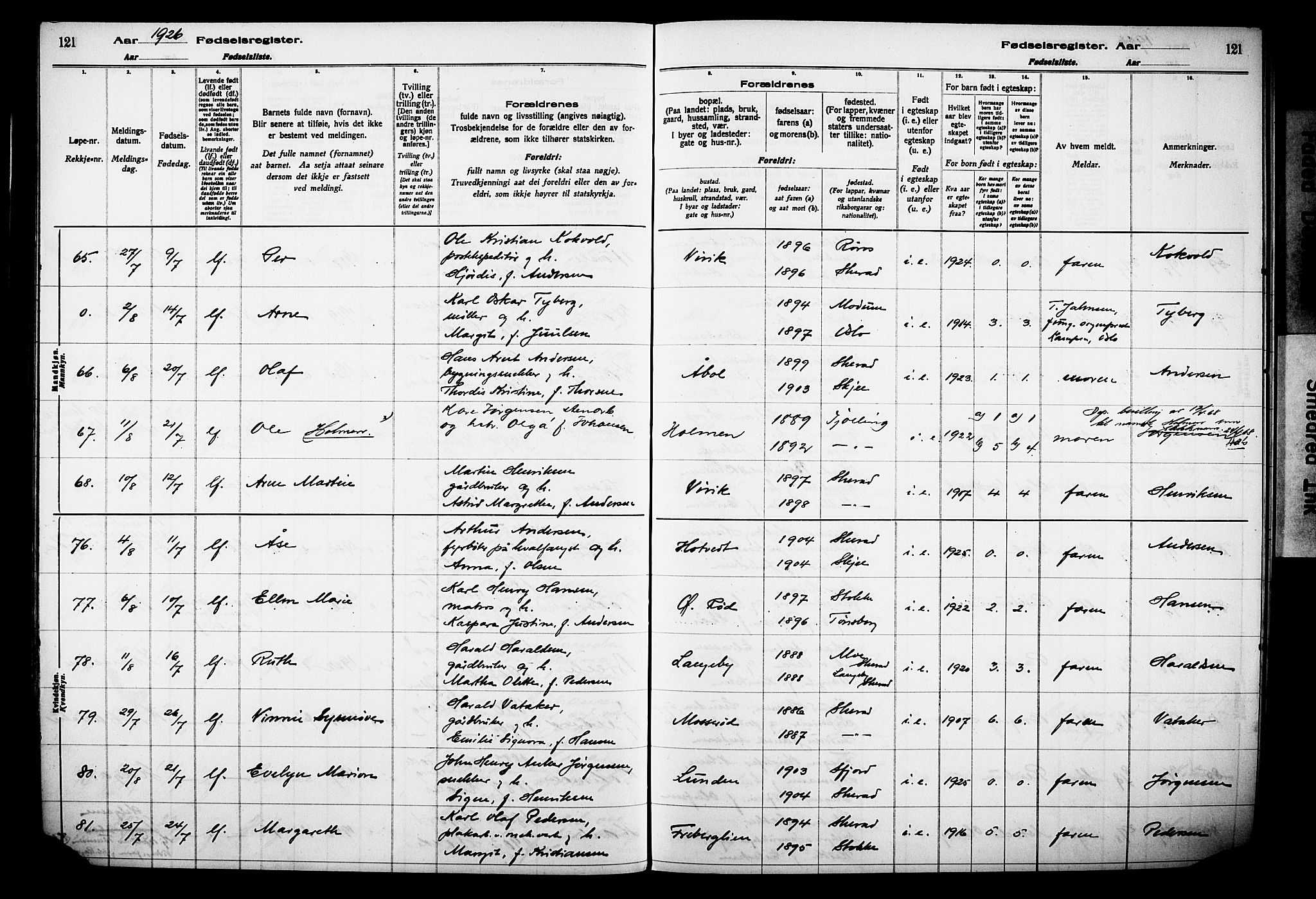 Sandar kirkebøker, AV/SAKO-A-243/J/Ja/L0002: Birth register no. 2, 1922-1929, p. 121