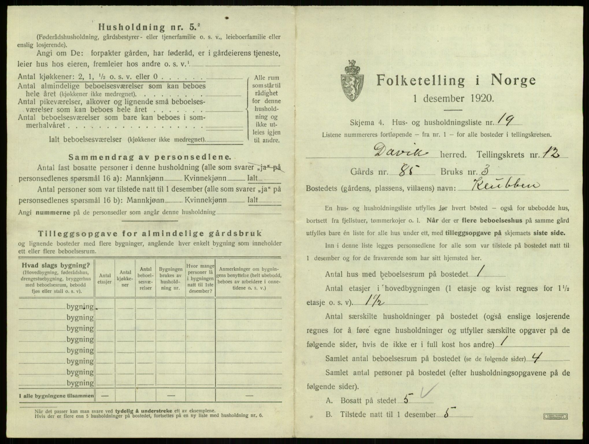 SAB, 1920 census for Davik, 1920, p. 829