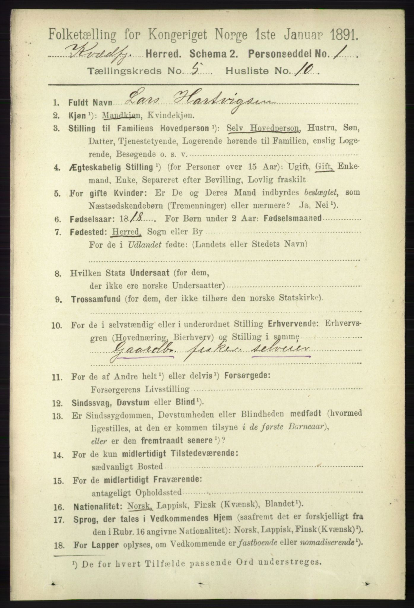 RA, 1891 census for 1911 Kvæfjord, 1891, p. 2916