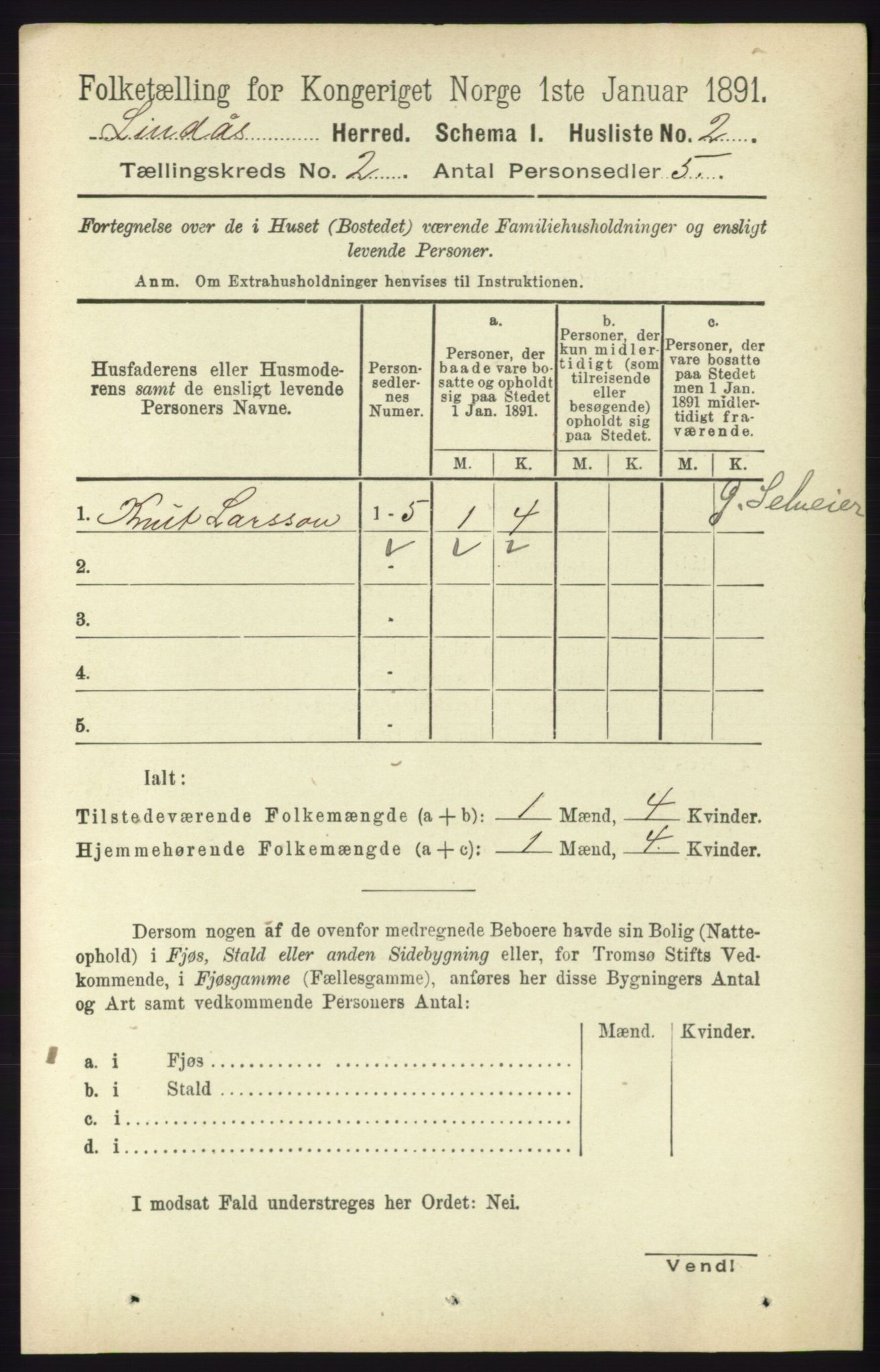 RA, 1891 census for 1263 Lindås, 1891, p. 376