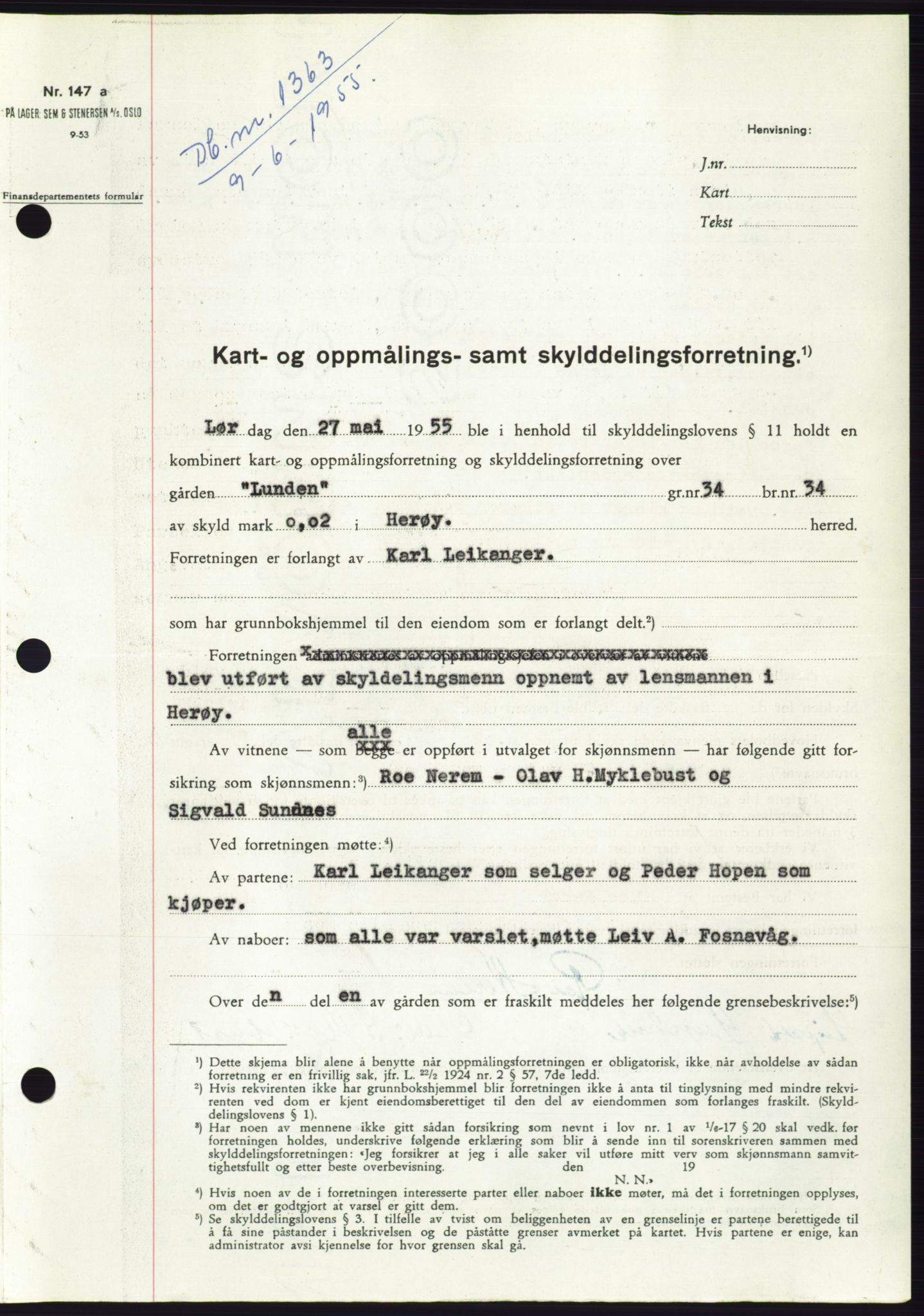 Søre Sunnmøre sorenskriveri, AV/SAT-A-4122/1/2/2C/L0101: Mortgage book no. 27A, 1955-1955, Diary no: : 1363/1955