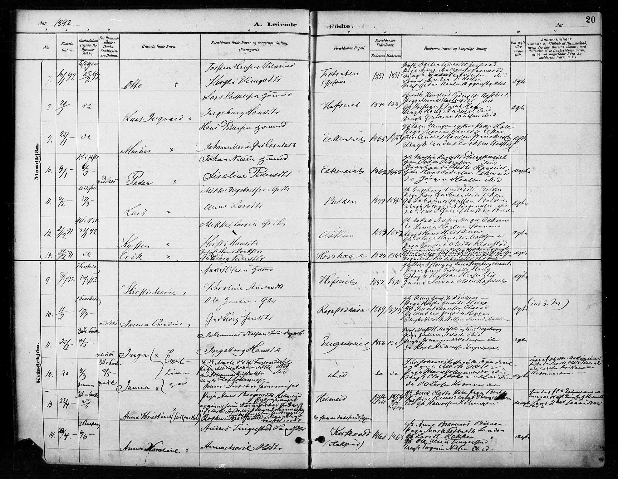 Gran prestekontor, SAH/PREST-112/H/Ha/Haa/L0018: Parish register (official) no. 18, 1889-1899, p. 20