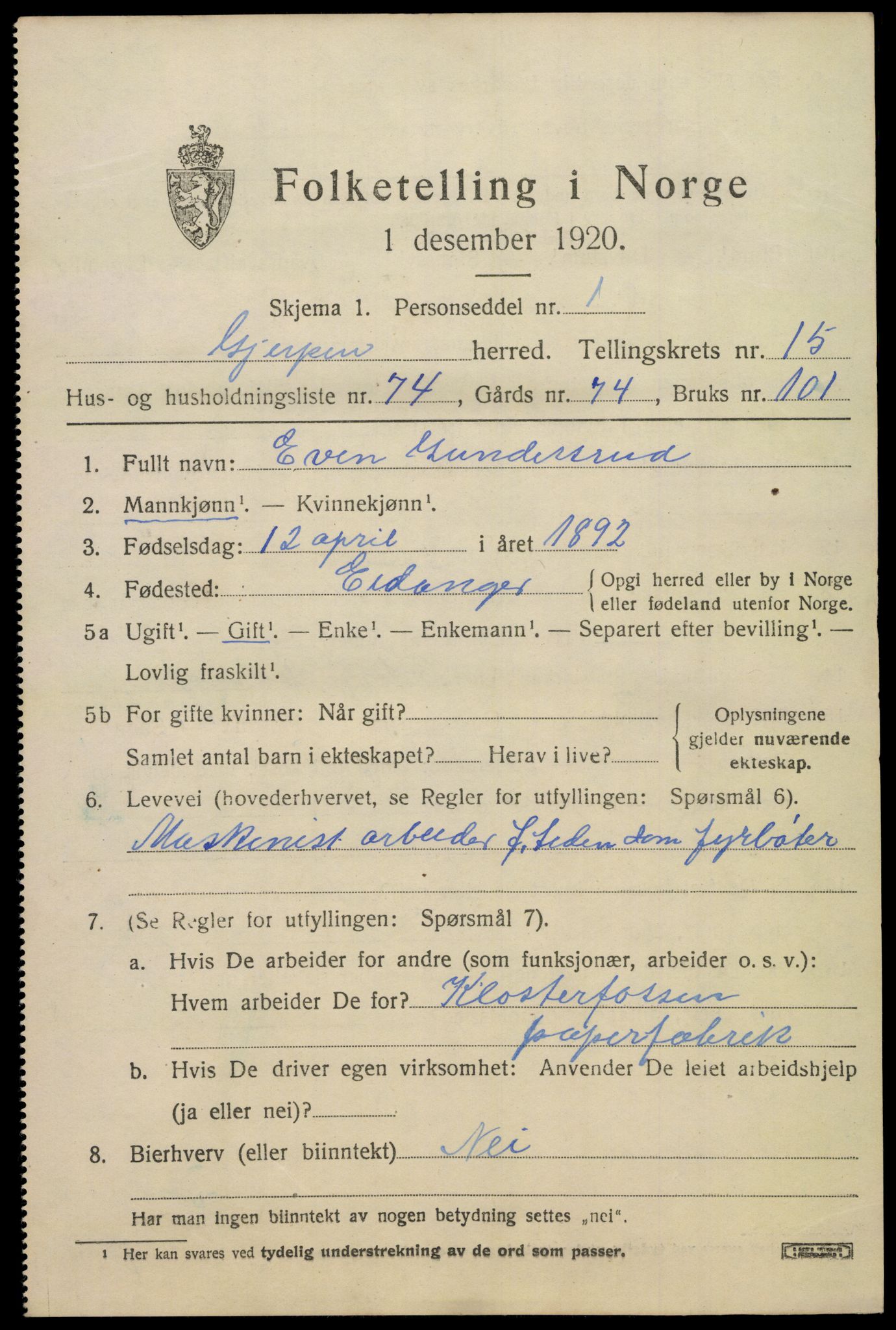SAKO, 1920 census for Gjerpen, 1920, p. 17834