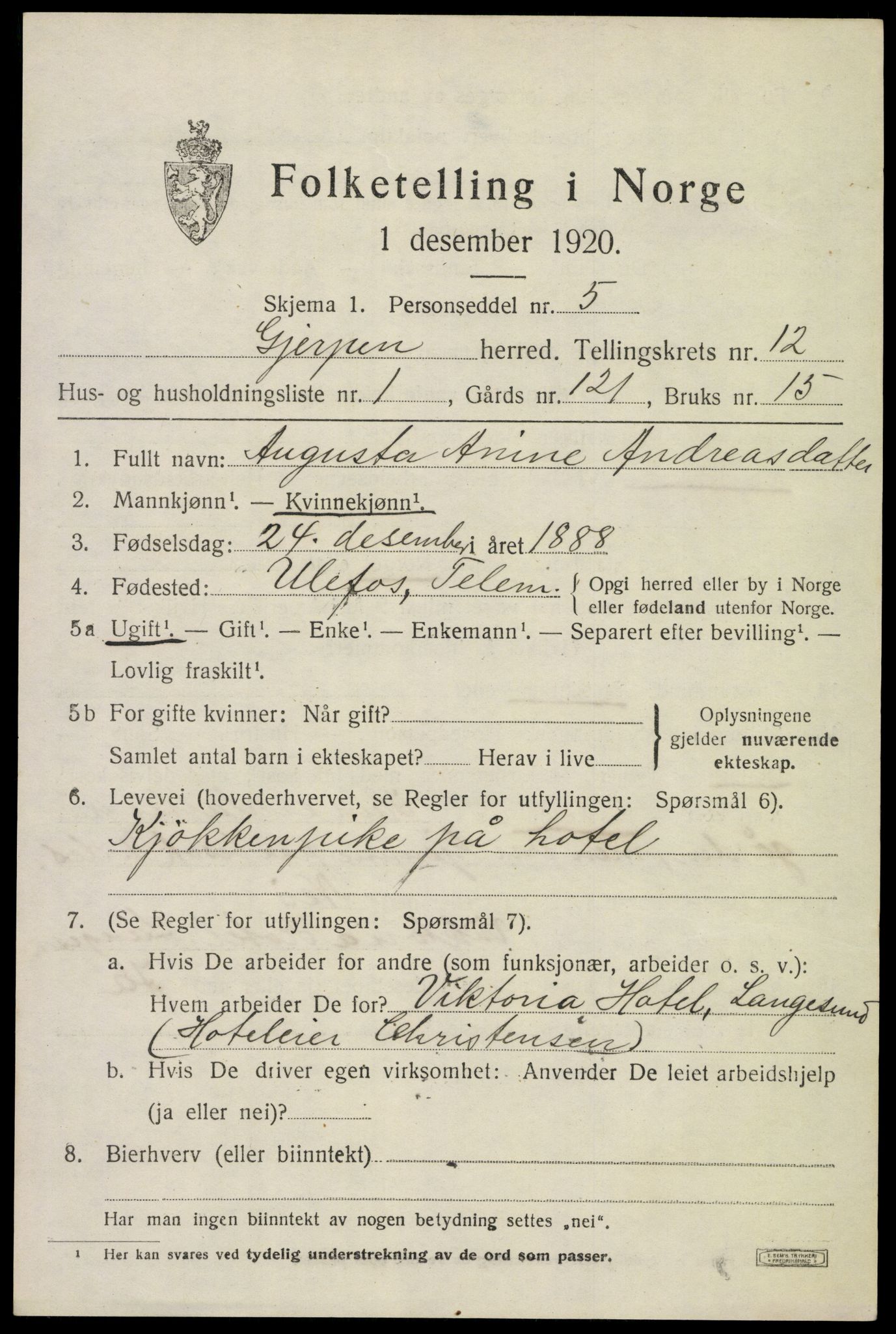 SAKO, 1920 census for Gjerpen, 1920, p. 13580