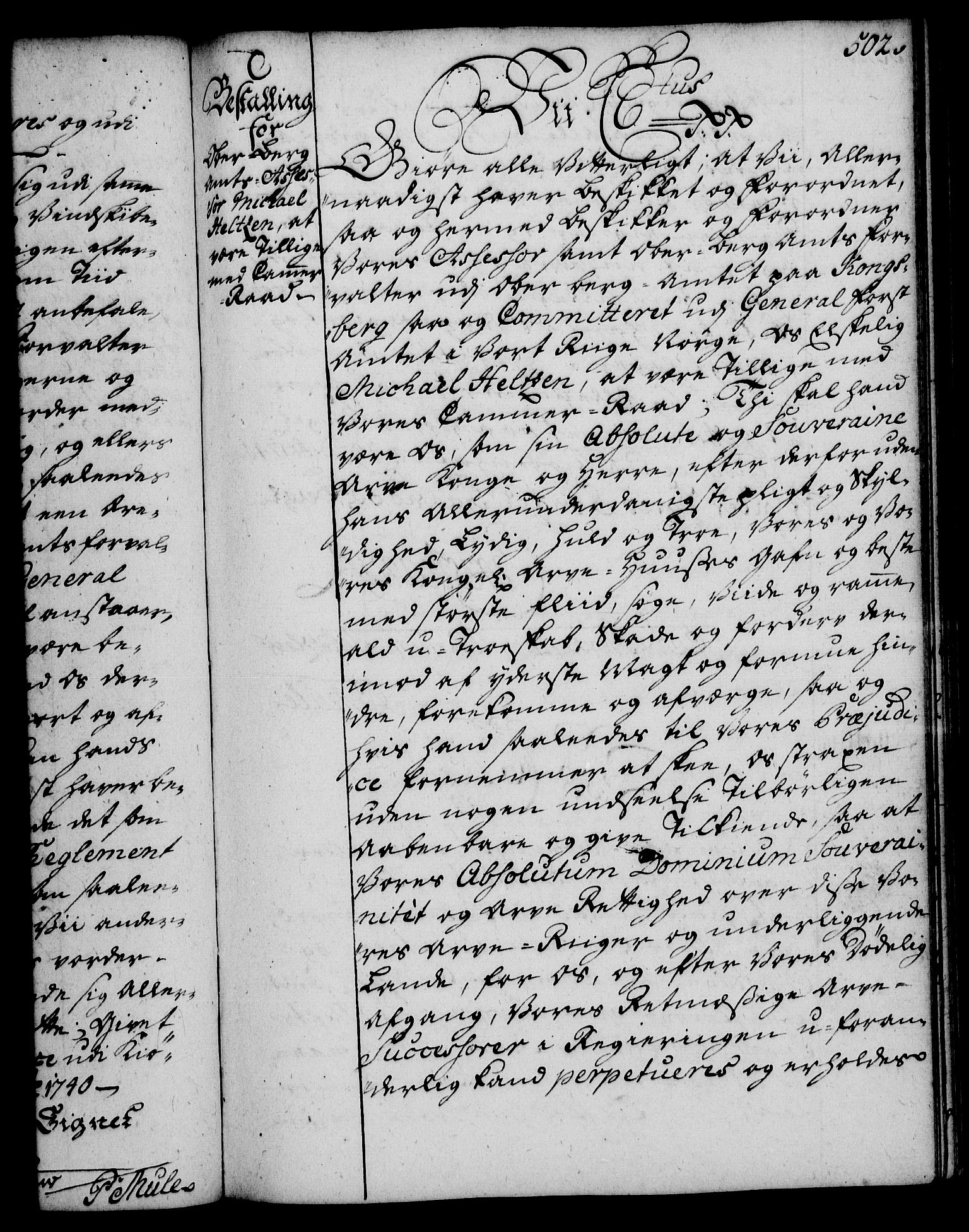 Rentekammeret, Kammerkanselliet, RA/EA-3111/G/Gg/Gge/L0002: Norsk bestallingsprotokoll med register (merket RK 53.26), 1730-1744, p. 502