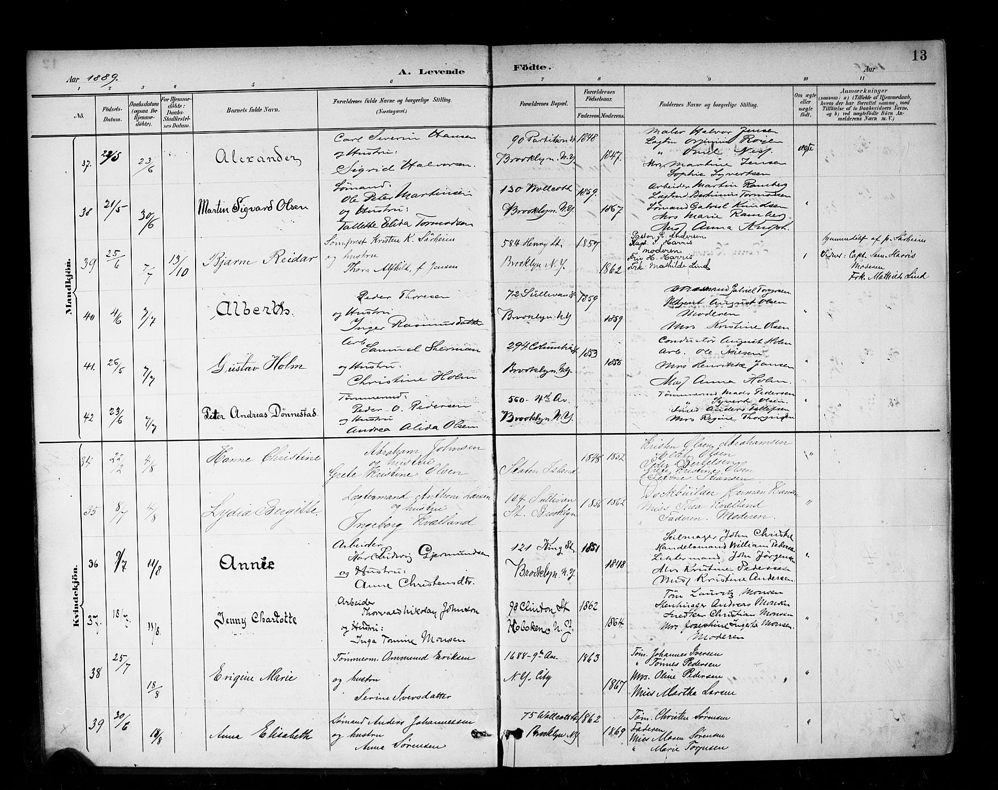 Den norske sjømannsmisjon i utlandet/New York, AV/SAB-SAB/PA-0110/H/Ha/L0003: Parish register (official) no. A 3, 1888-1893, p. 13