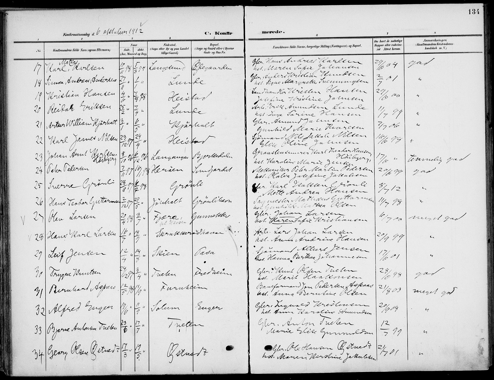 Eidanger kirkebøker, SAKO/A-261/F/Fa/L0013: Parish register (official) no. 13, 1900-1913, p. 134