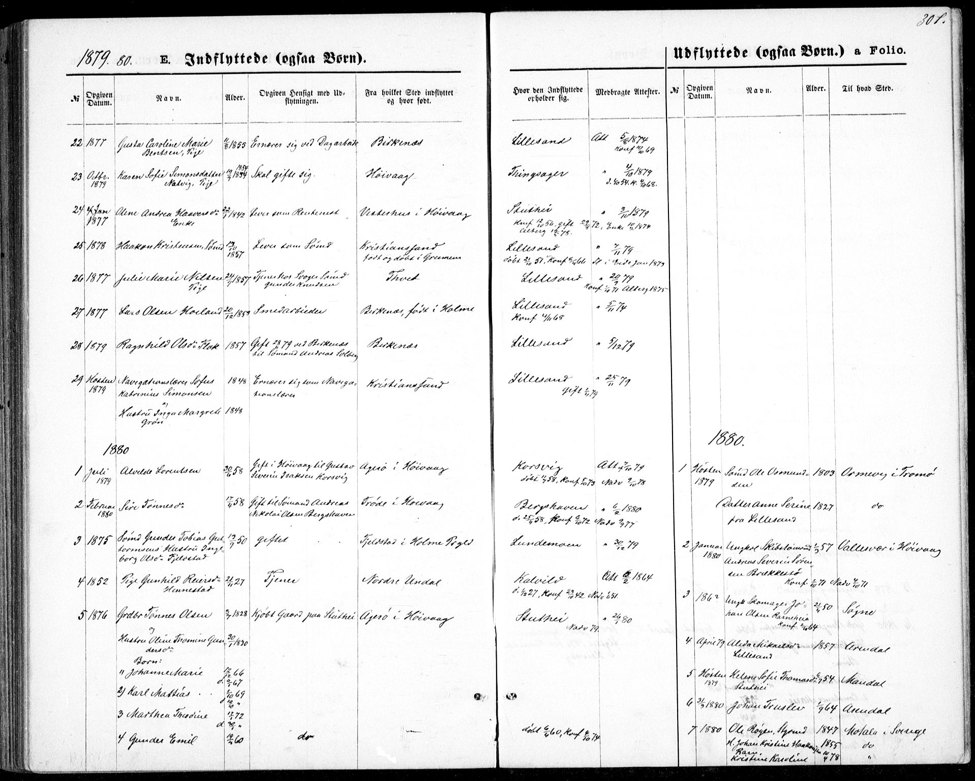 Vestre Moland sokneprestkontor, SAK/1111-0046/F/Fb/Fbb/L0005: Parish register (copy) no. B 5, 1872-1883, p. 307