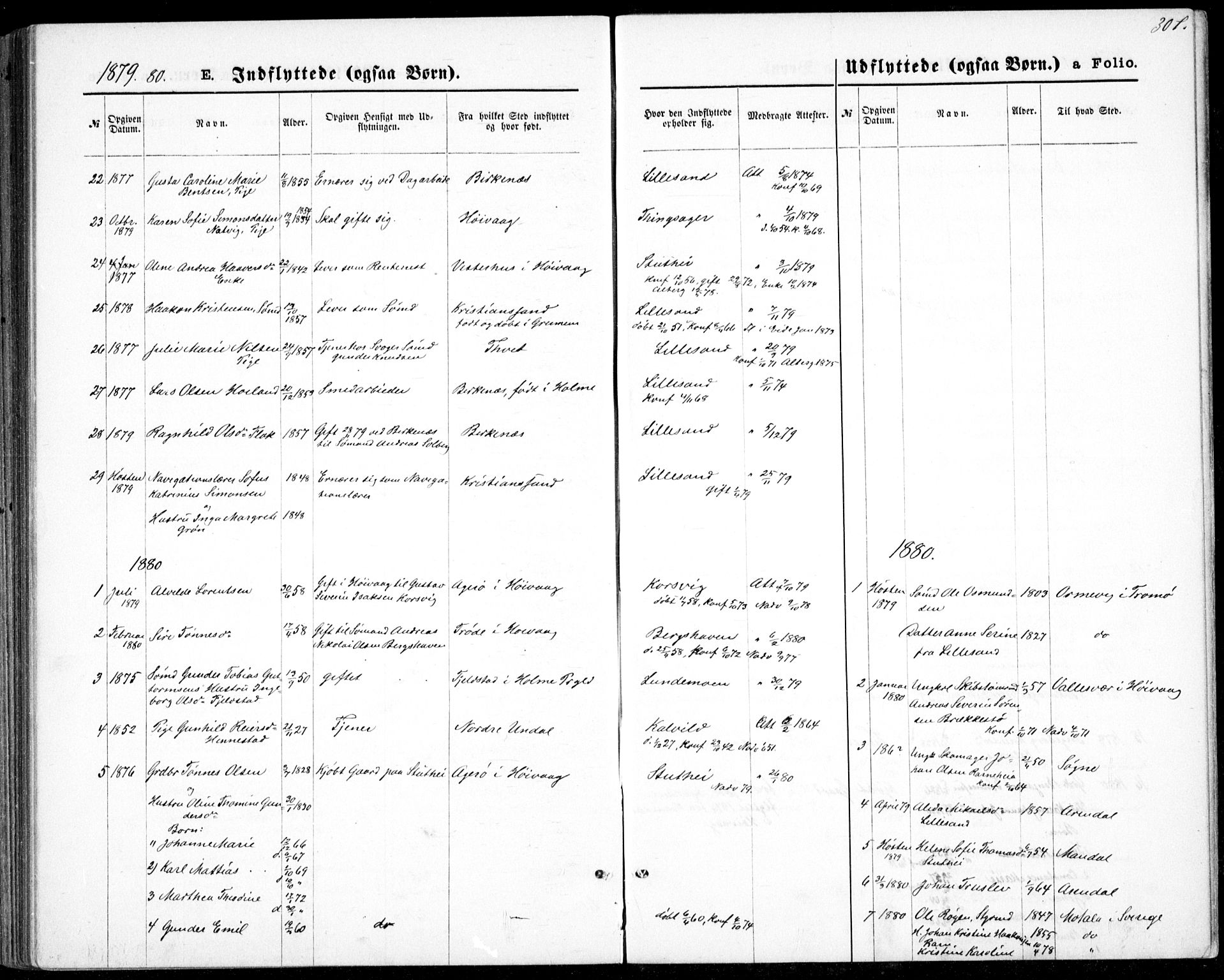 Vestre Moland sokneprestkontor, AV/SAK-1111-0046/F/Fb/Fbb/L0005: Parish register (copy) no. B 5, 1872-1883, p. 307