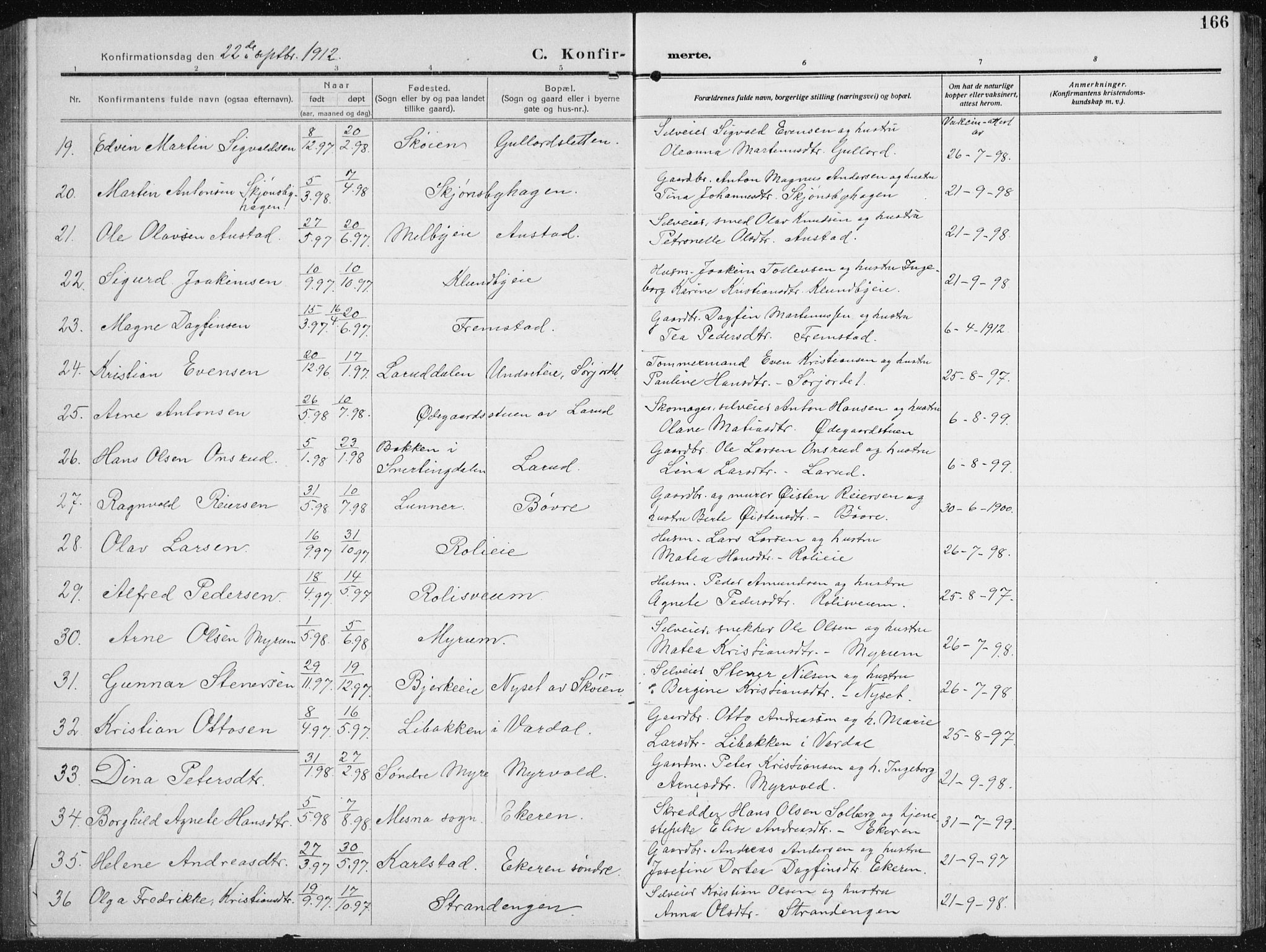 Biri prestekontor, SAH/PREST-096/H/Ha/Hab/L0006: Parish register (copy) no. 6, 1909-1938, p. 166