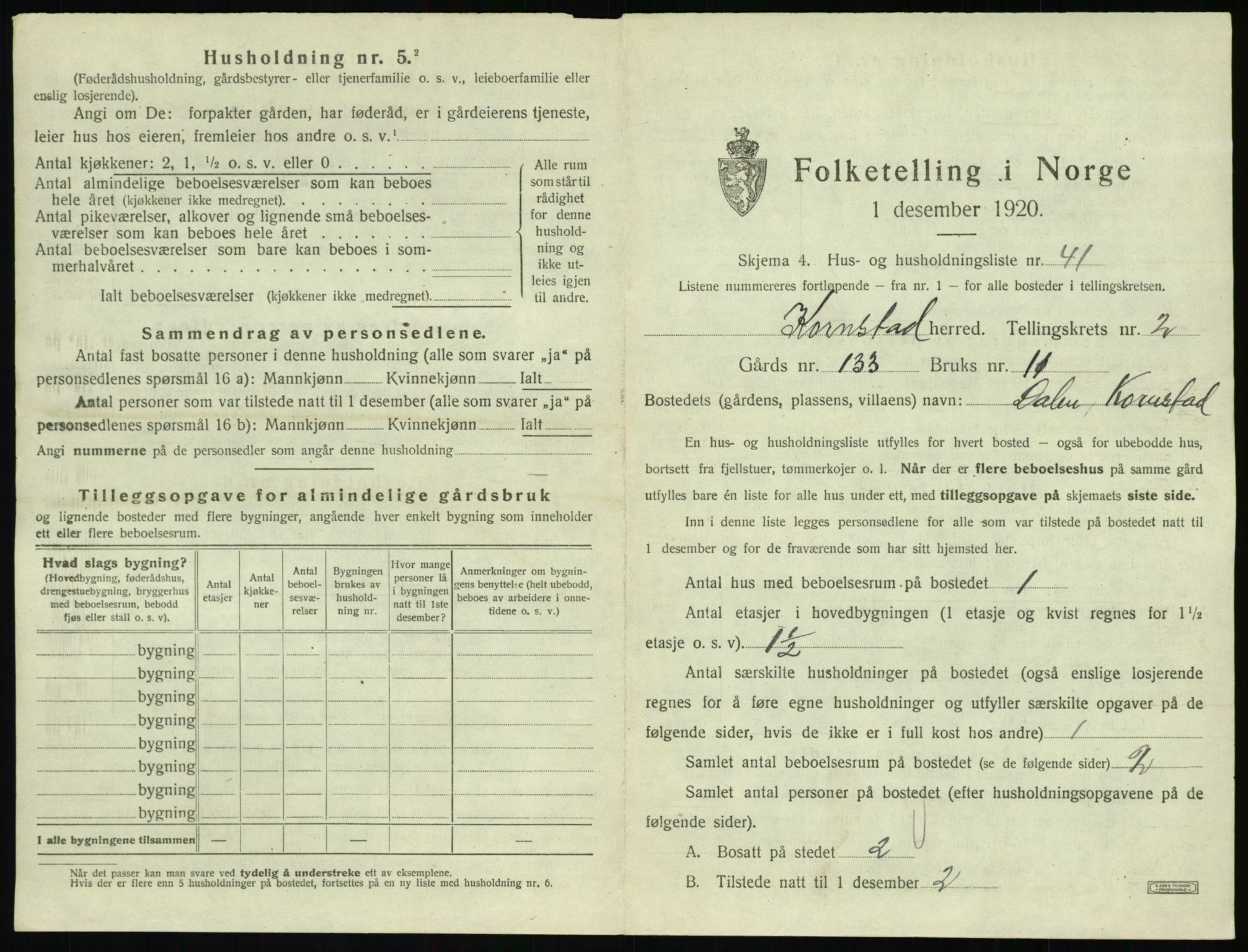 SAT, 1920 census for Kornstad, 1920, p. 209