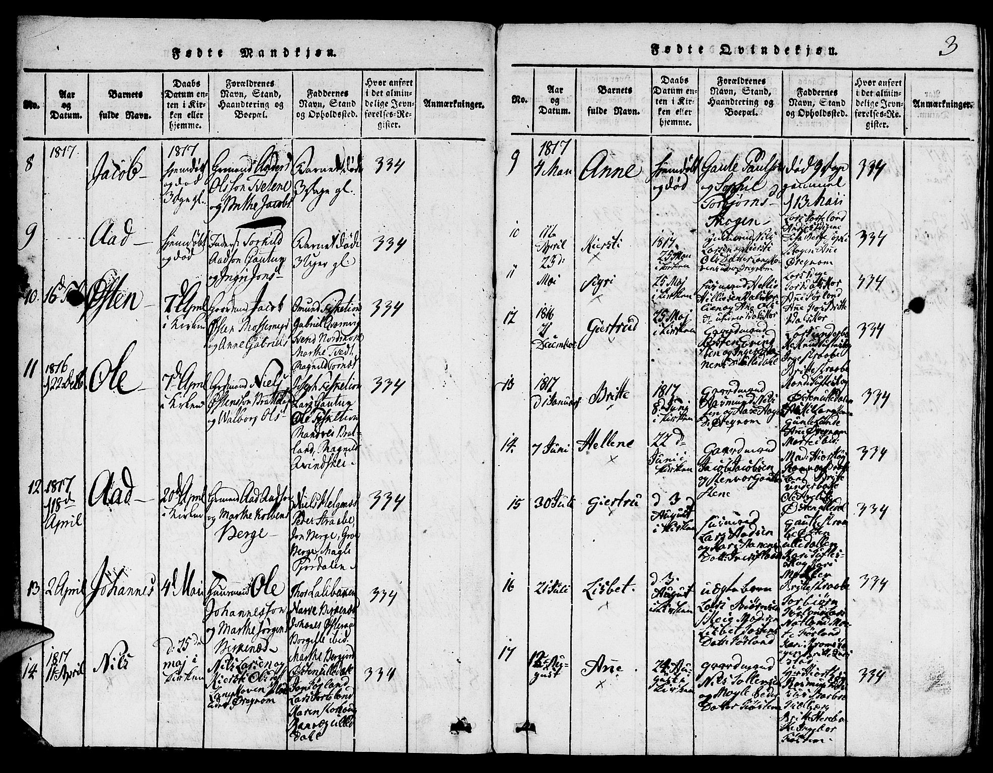 Suldal sokneprestkontor, SAST/A-101845/01/V/L0001: Parish register (copy) no. B 1, 1816-1836, p. 3