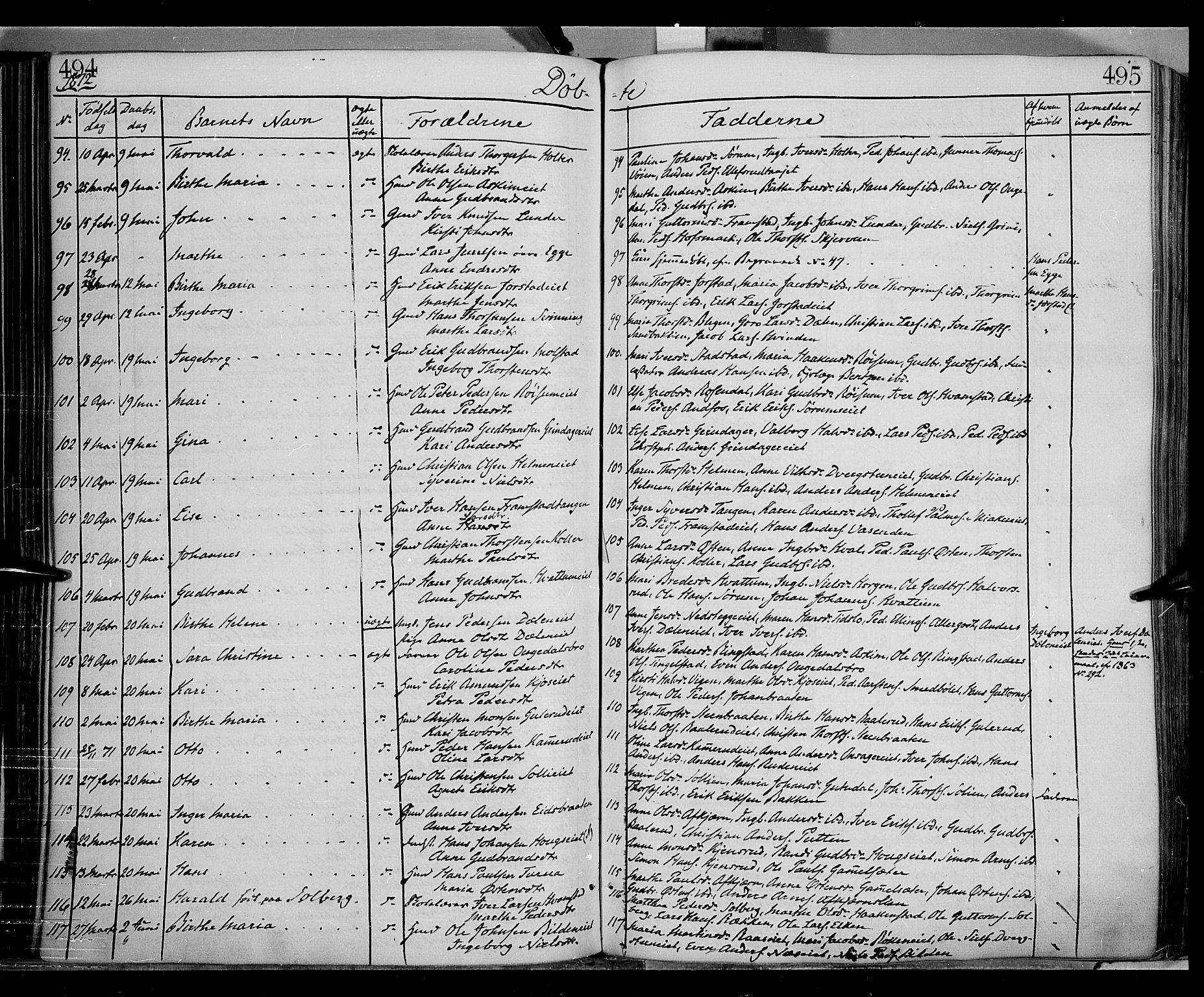 Gran prestekontor, AV/SAH-PREST-112/H/Ha/Haa/L0012: Parish register (official) no. 12, 1856-1874, p. 494-495