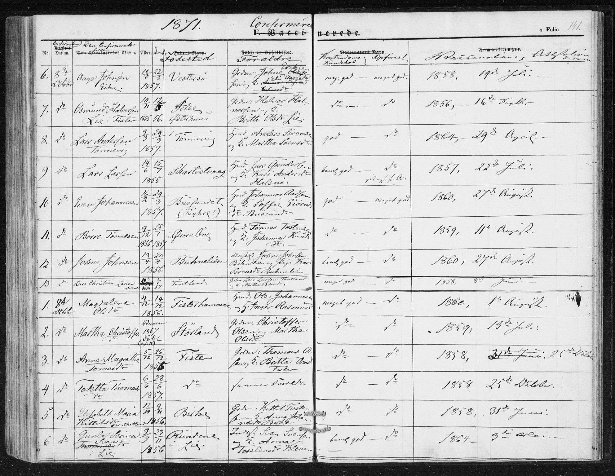 Hjelmeland sokneprestkontor, AV/SAST-A-101843/01/IV/L0010: Parish register (official) no. A 10, 1851-1871, p. 141