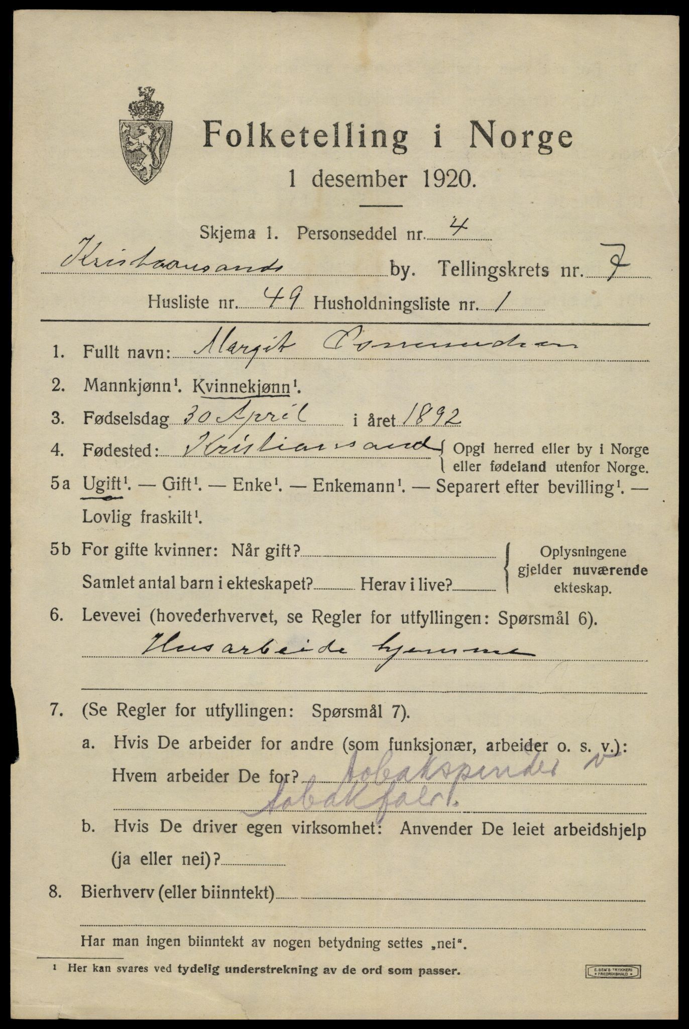 SAK, 1920 census for Kristiansand, 1920, p. 20931