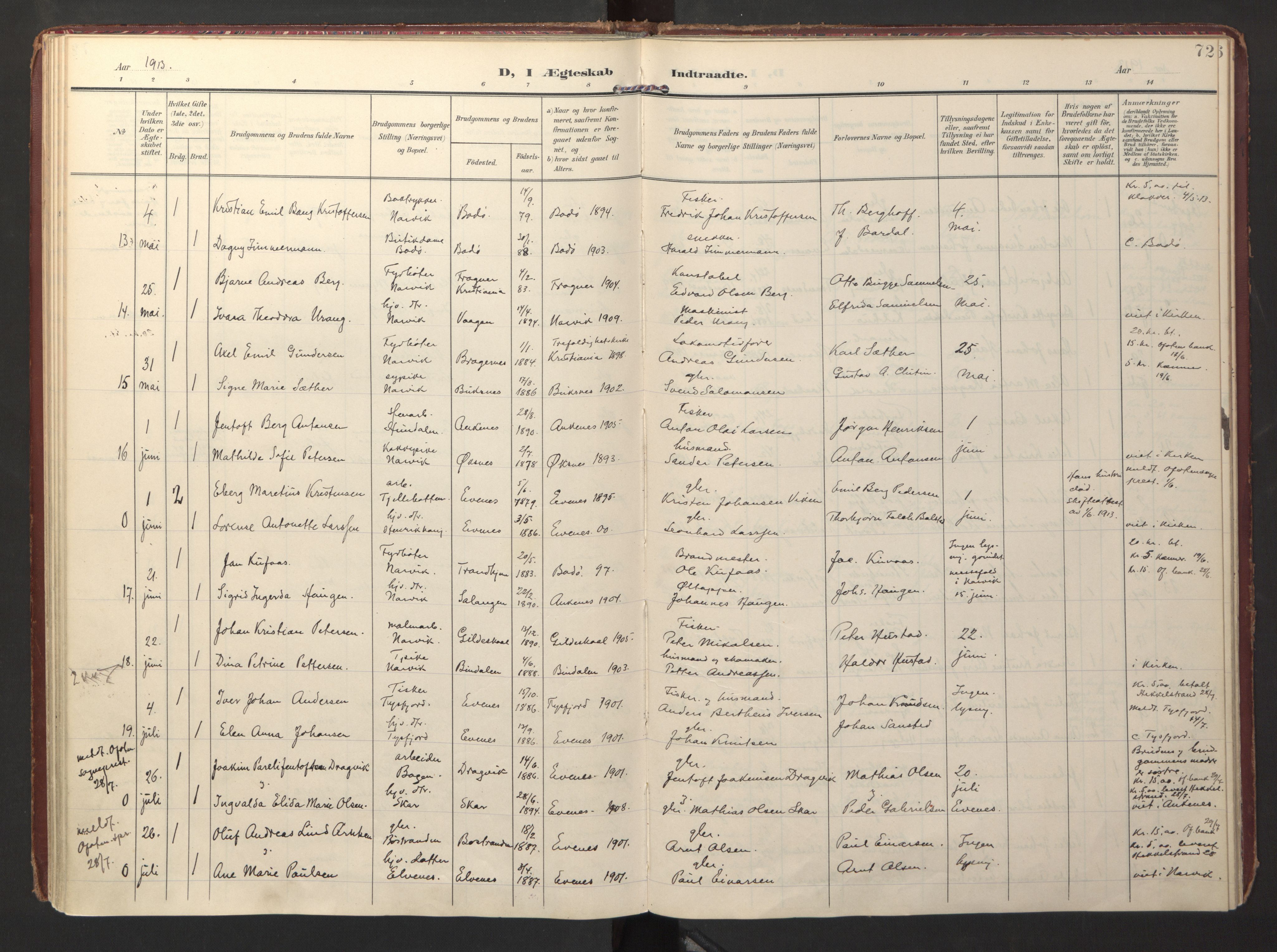 Ministerialprotokoller, klokkerbøker og fødselsregistre - Nordland, AV/SAT-A-1459/871/L0999: Parish register (official) no. 871A15, 1902-1917, p. 72