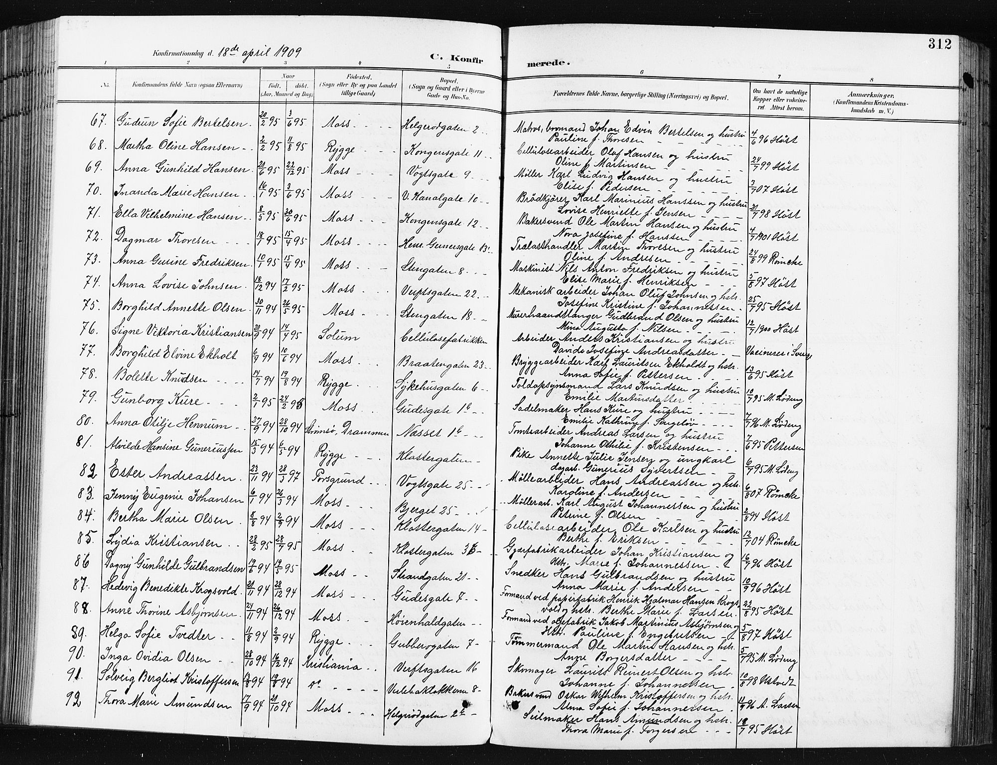 Moss prestekontor Kirkebøker, AV/SAO-A-2003/G/Ga/L0007: Parish register (copy) no. I 7, 1901-1912, p. 312