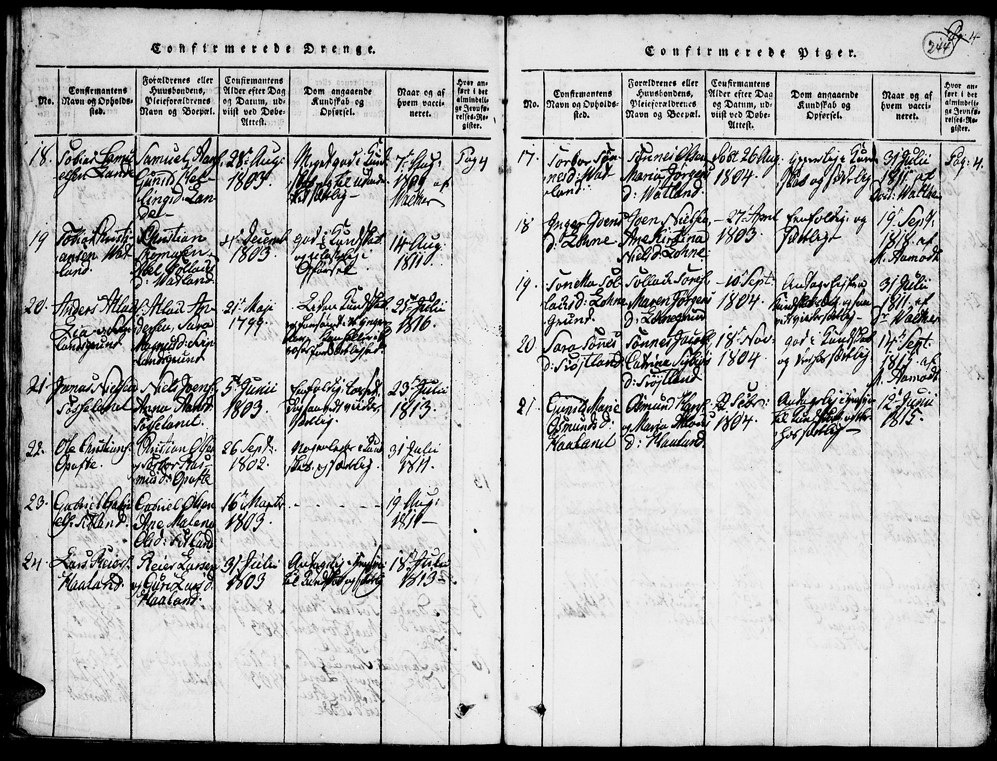 Kvinesdal sokneprestkontor, SAK/1111-0026/F/Fa/Faa/L0001: Parish register (official) no. A 1, 1815-1849, p. 244
