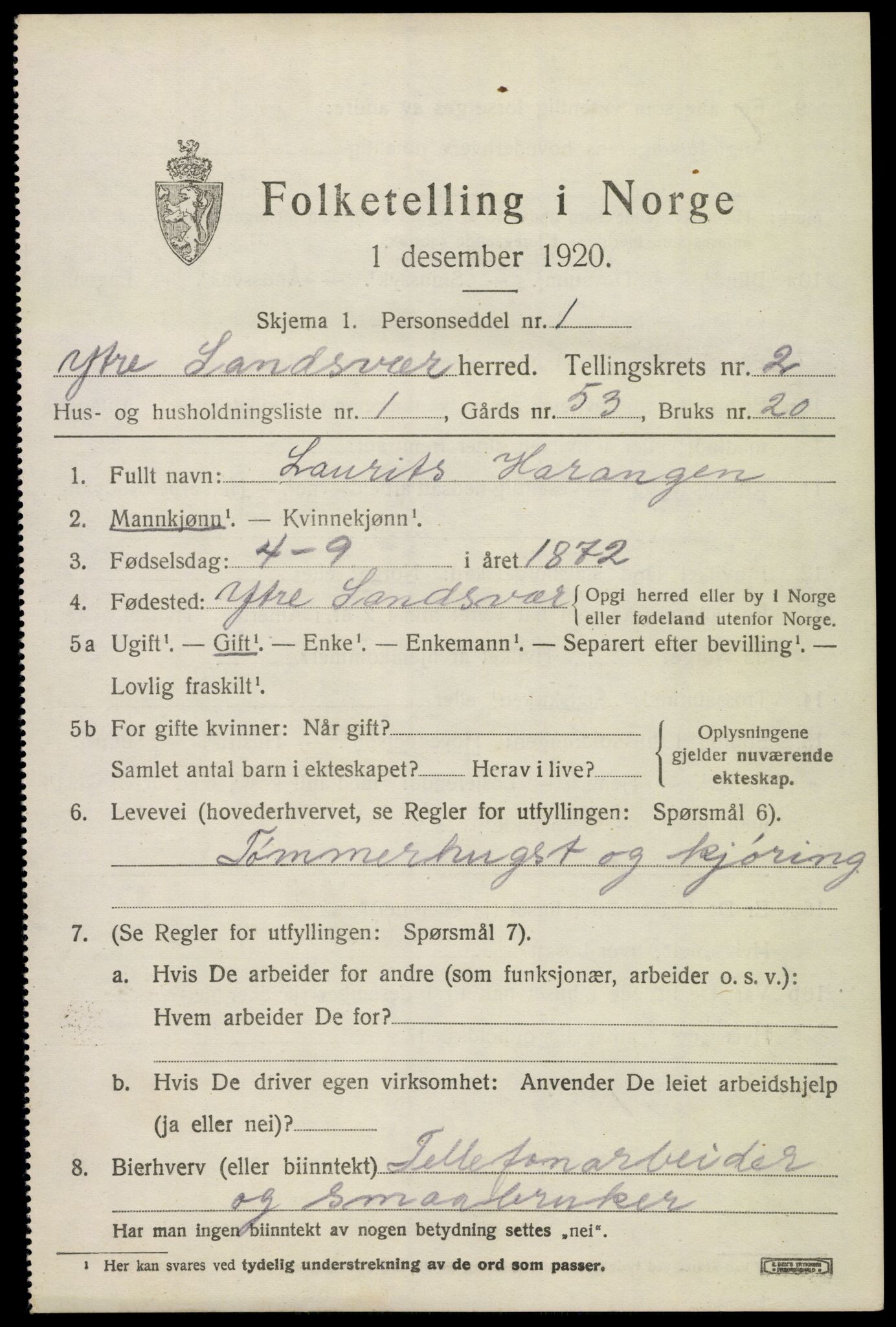 SAKO, 1920 census for Ytre Sandsvær, 1920, p. 2654