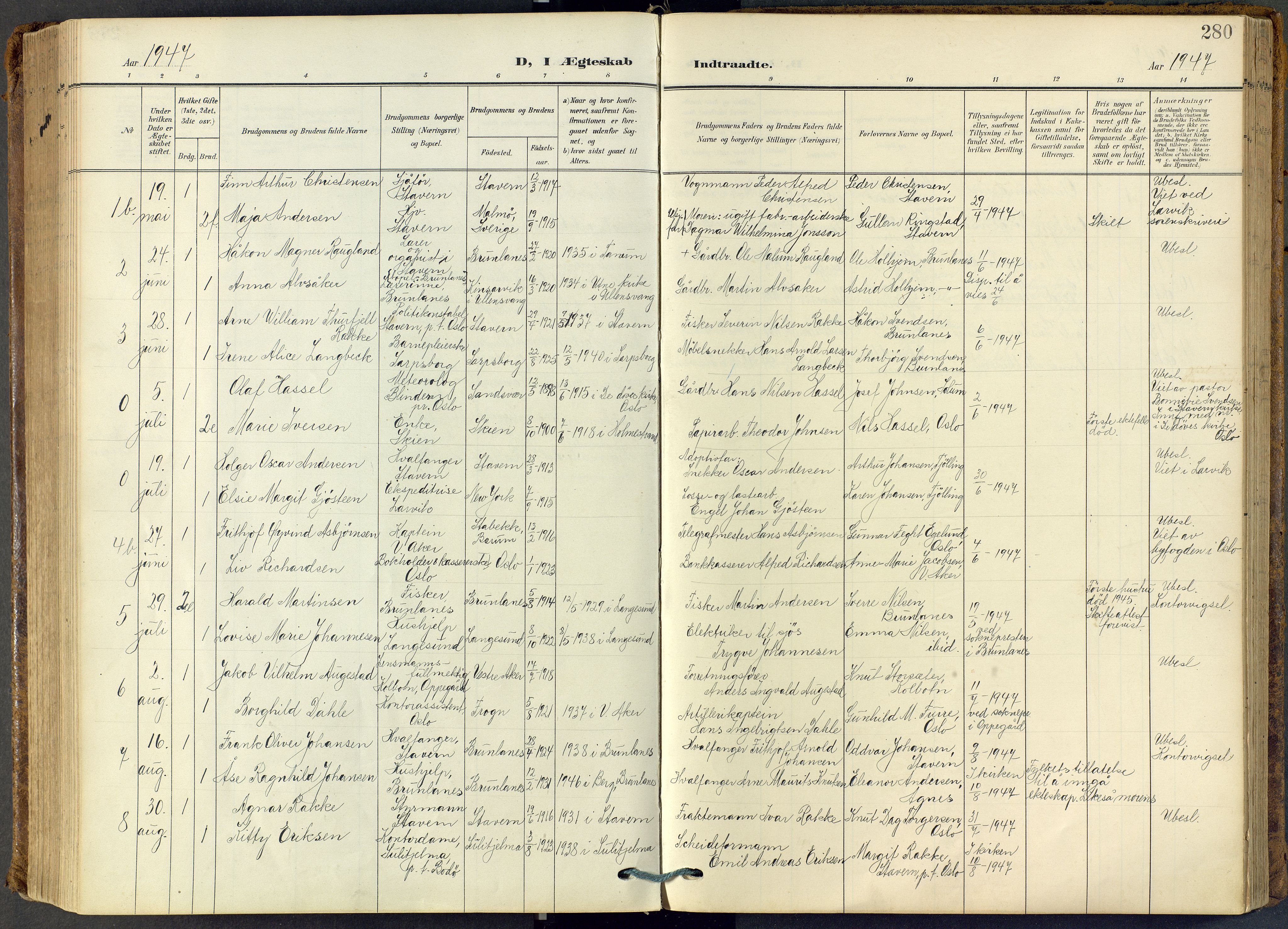 Stavern kirkebøker, SAKO/A-318/F/Fa/L0009: Parish register (official) no. 9, 1906-1955, p. 280