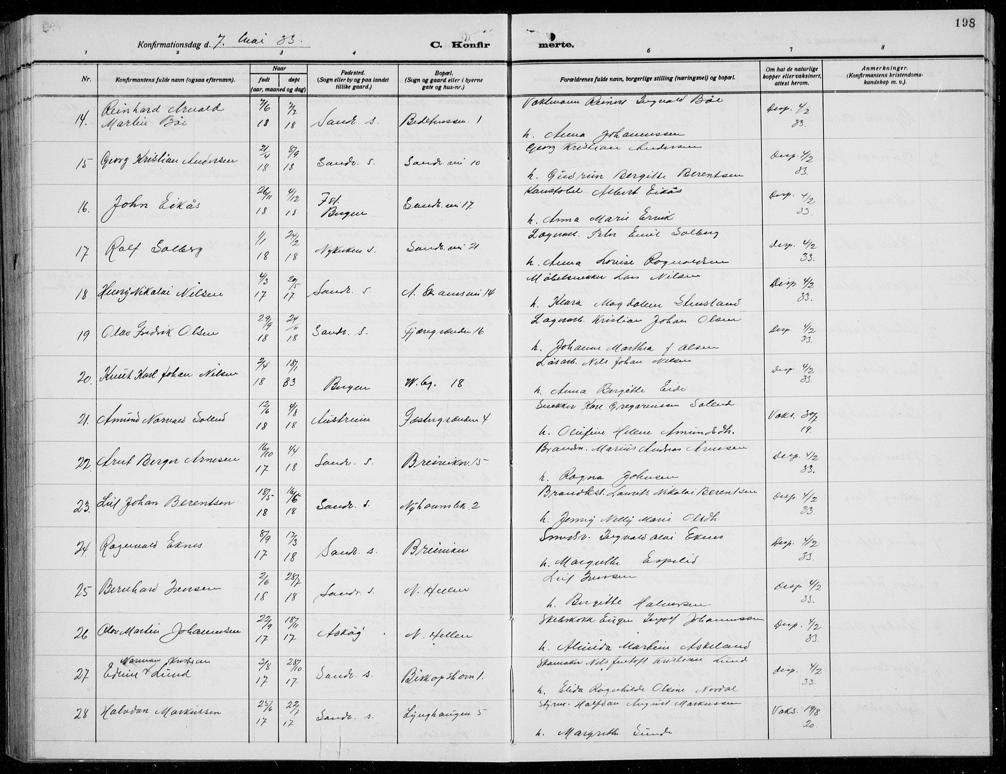 Sandviken Sokneprestembete, SAB/A-77601/H/Hb/L0011: Parish register (copy) no. C 3, 1924-1938, p. 198