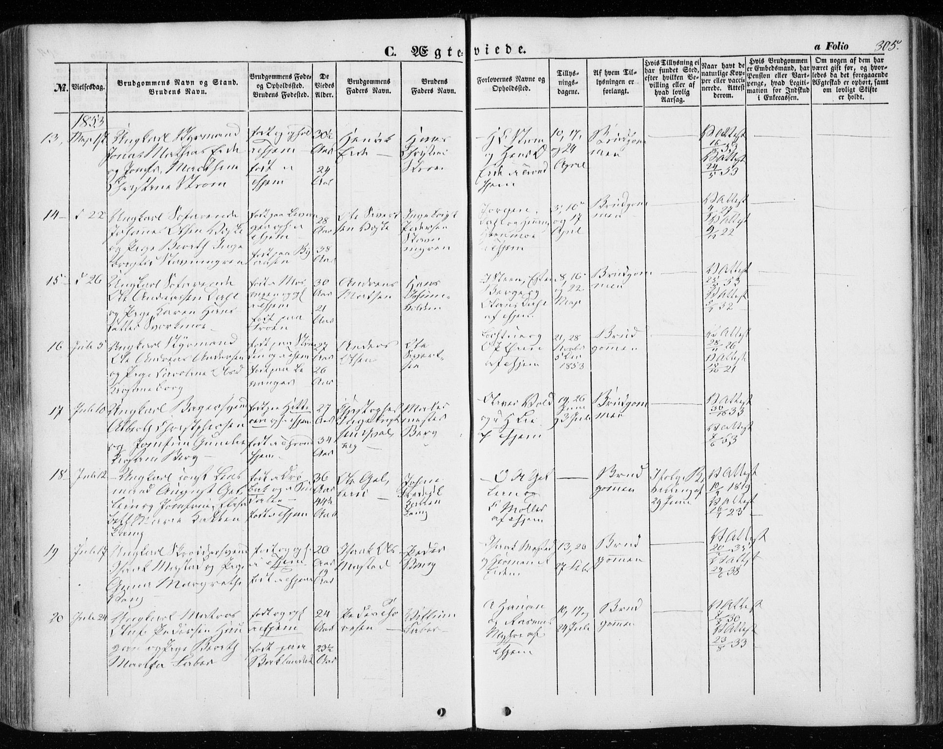 Ministerialprotokoller, klokkerbøker og fødselsregistre - Sør-Trøndelag, SAT/A-1456/601/L0051: Parish register (official) no. 601A19, 1848-1857, p. 305