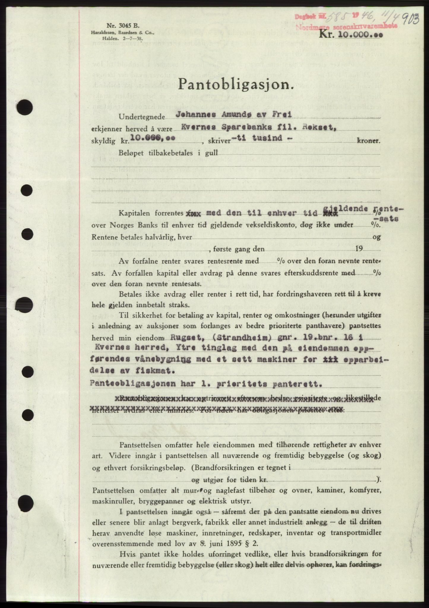 Nordmøre sorenskriveri, AV/SAT-A-4132/1/2/2Ca: Mortgage book no. B93b, 1946-1946, Diary no: : 585/1946