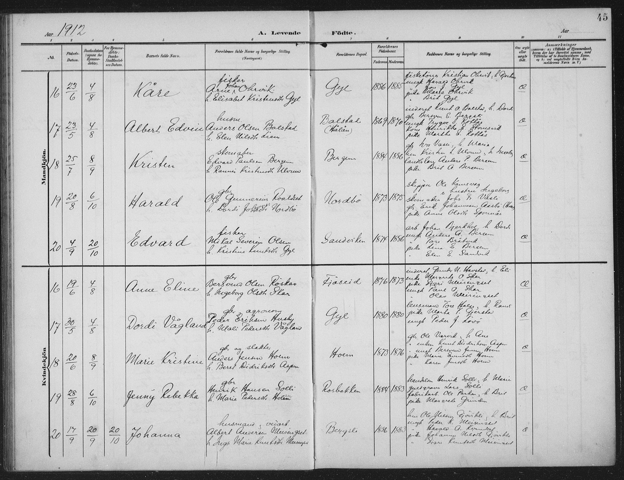 Ministerialprotokoller, klokkerbøker og fødselsregistre - Møre og Romsdal, AV/SAT-A-1454/586/L0989: Parish register (official) no. 586A15, 1906-1915, p. 45