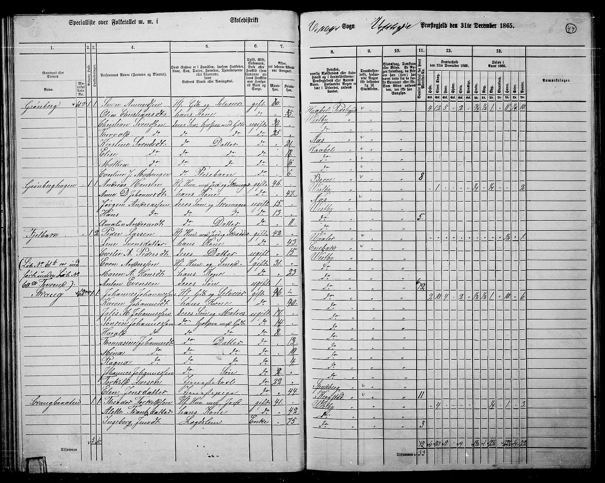 RA, 1865 census for Vestby, 1865, p. 43