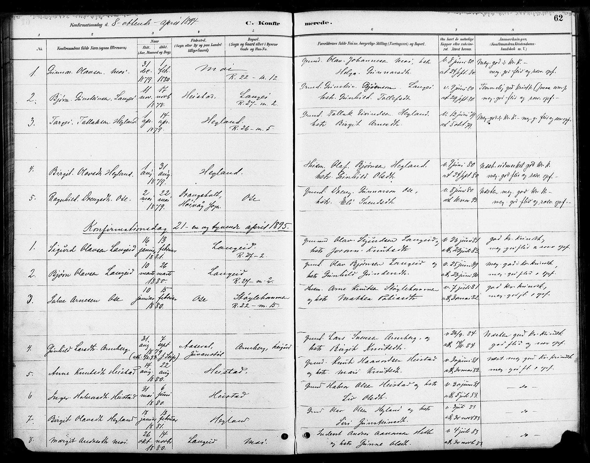 Bygland sokneprestkontor, SAK/1111-0006/F/Fa/Faa/L0001: Parish register (official) no. A 1, 1885-1908, p. 62