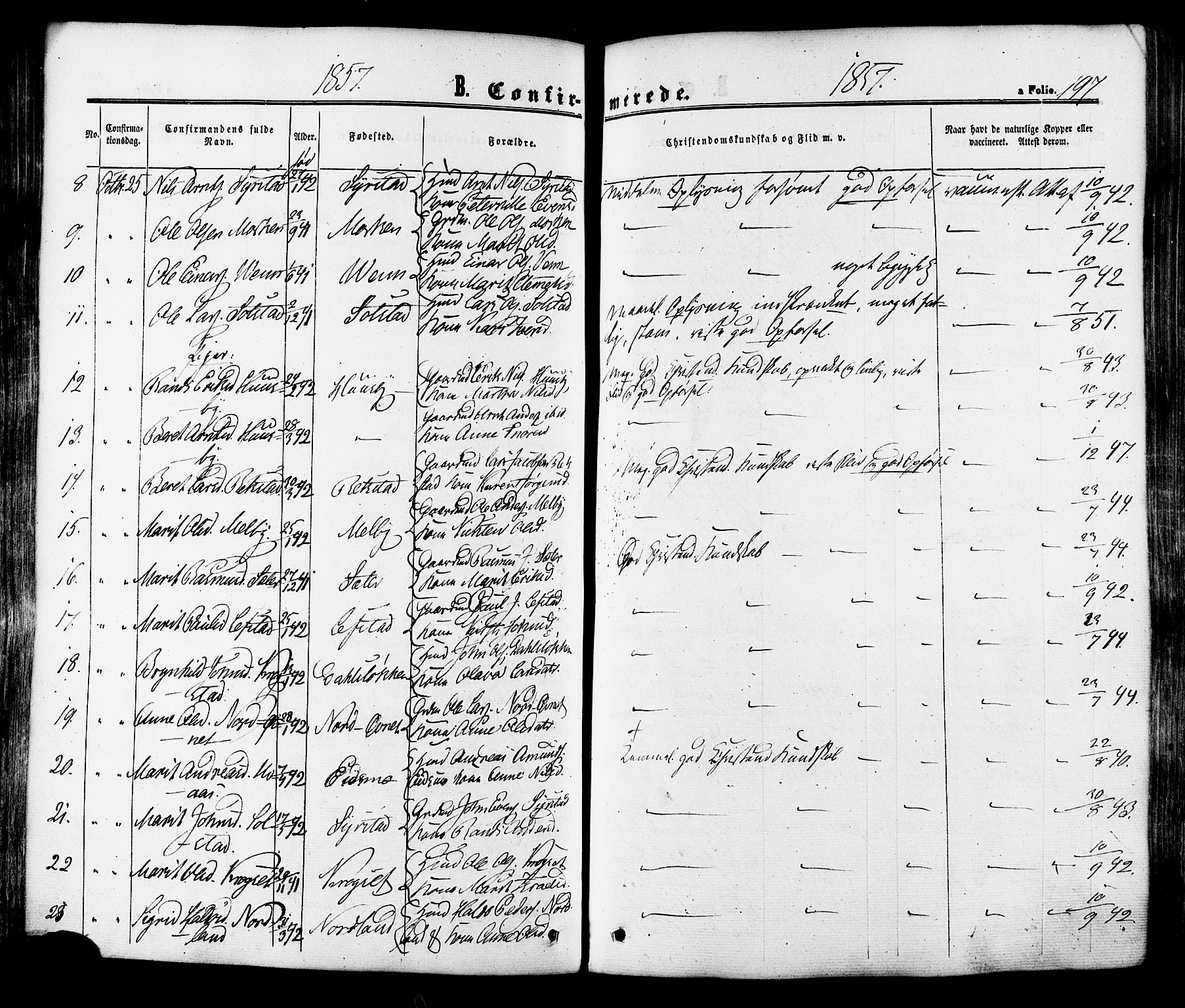 Ministerialprotokoller, klokkerbøker og fødselsregistre - Sør-Trøndelag, AV/SAT-A-1456/665/L0772: Parish register (official) no. 665A07, 1856-1878, p. 197