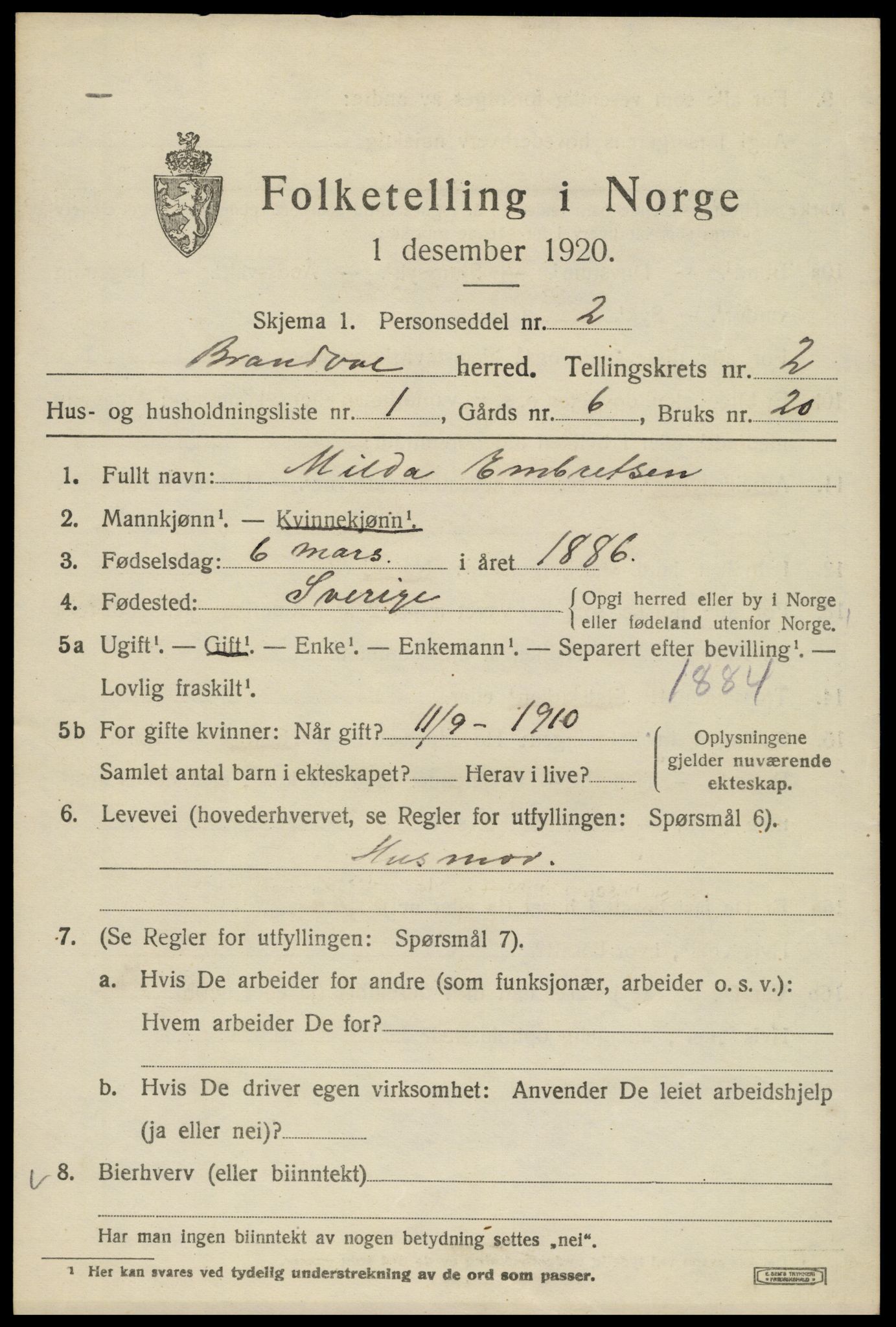 SAH, 1920 census for Brandval, 1920, p. 2128