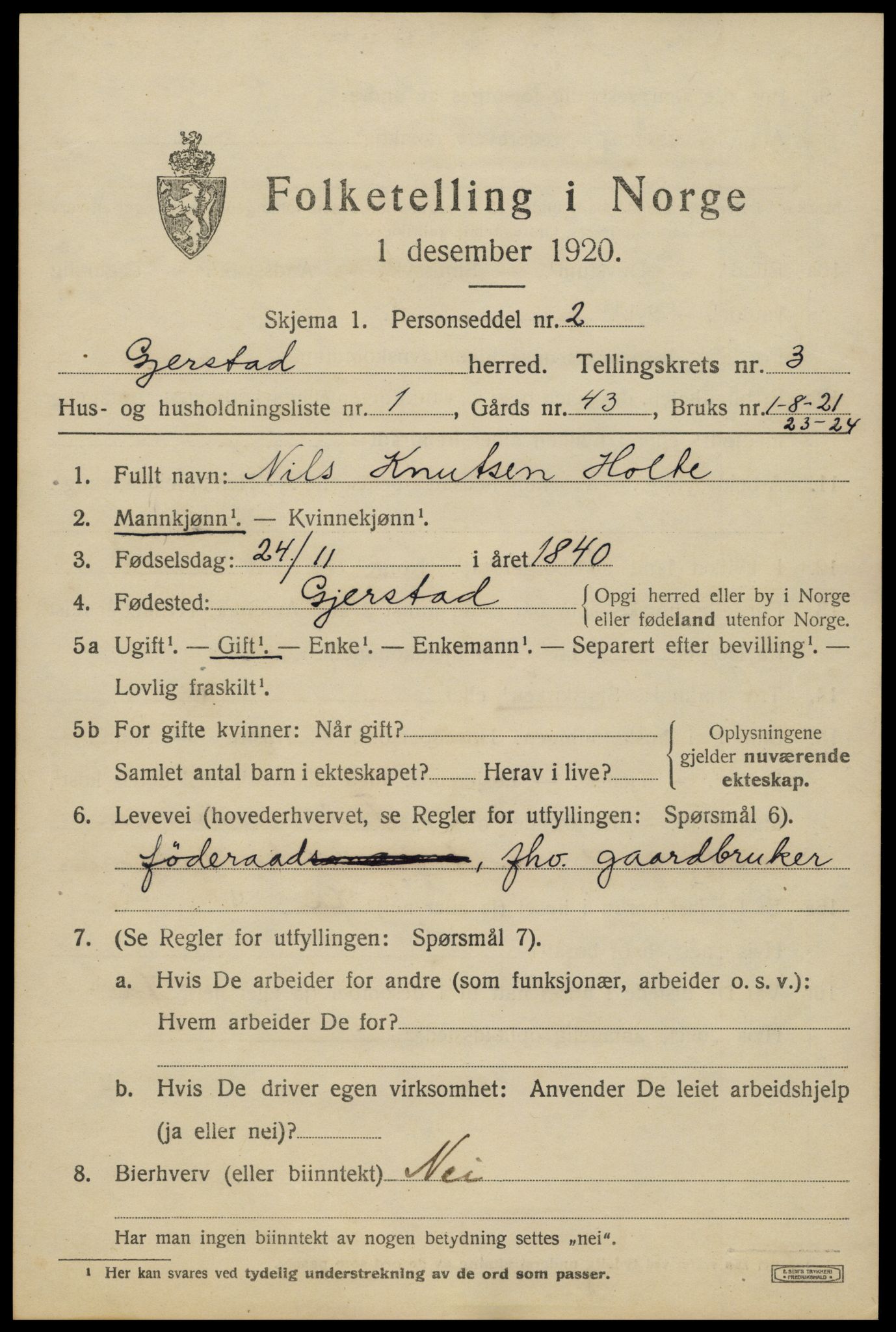 SAK, 1920 census for Gjerstad, 1920, p. 2043