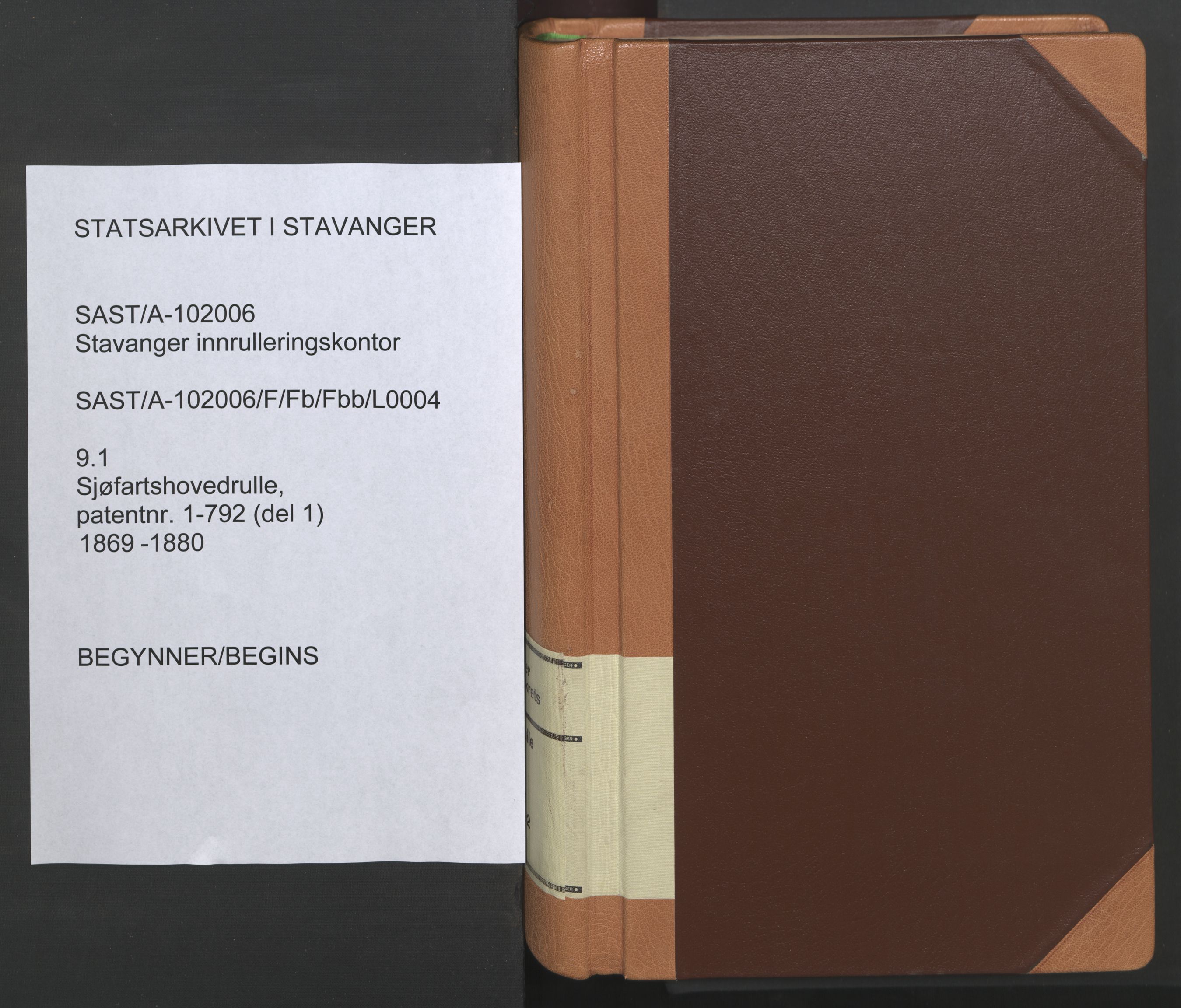 Stavanger sjømannskontor, SAST/A-102006/F/Fb/Fbb/L0004: Sjøfartshovedrulle, patentnr. 1-792 (del 1), 1869-1880, p. 1