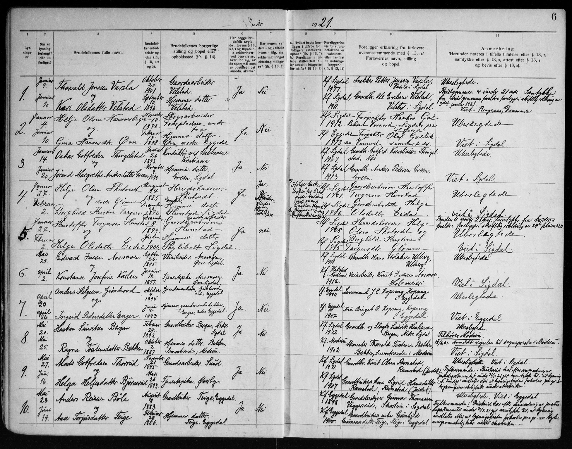 Sigdal kirkebøker, AV/SAKO-A-245/H/Ha/L0001: Banns register no. 1, 1919-1953, p. 6