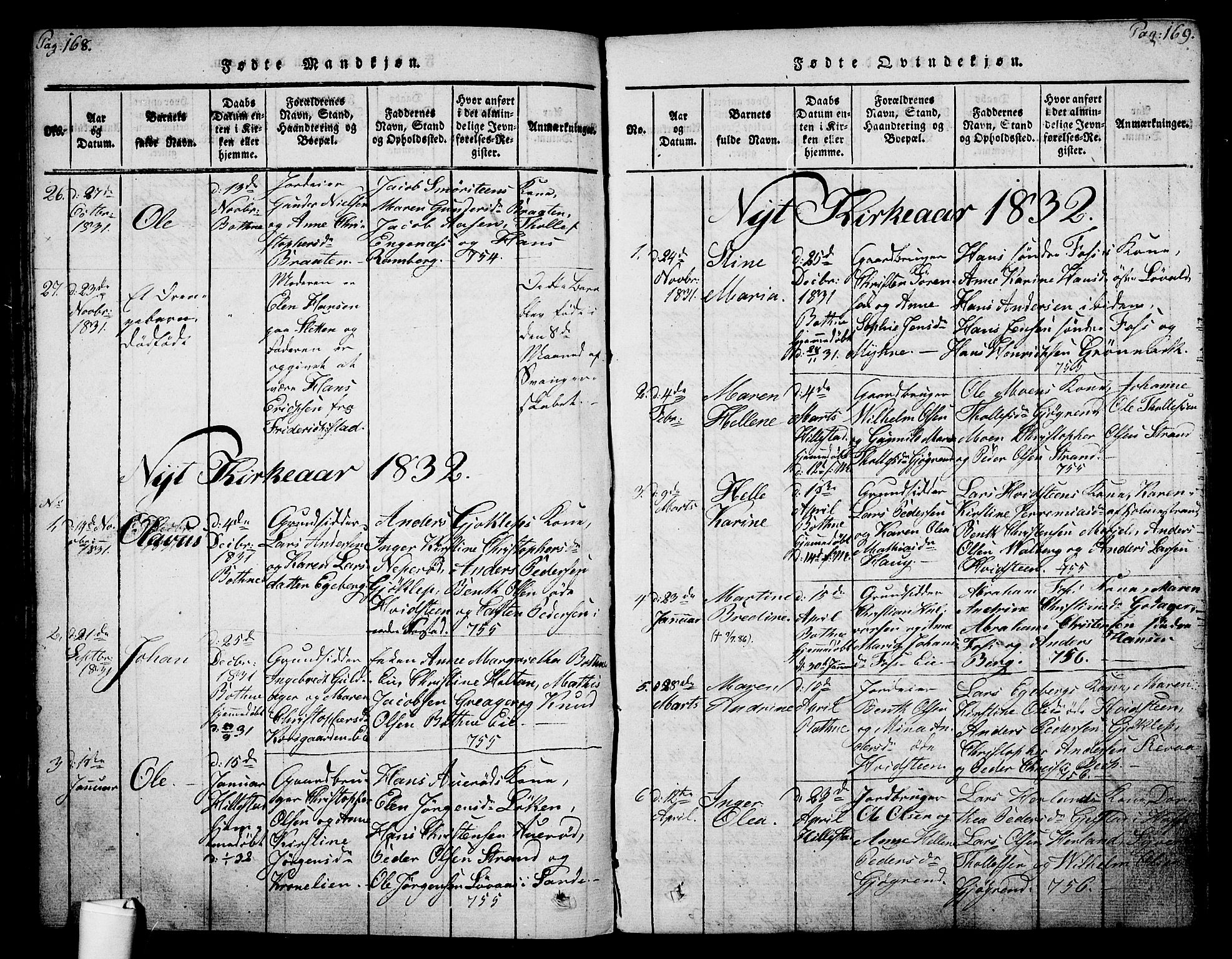 Botne kirkebøker, AV/SAKO-A-340/F/Fa/L0005: Parish register (official) no. I 5, 1814-1836, p. 168-169